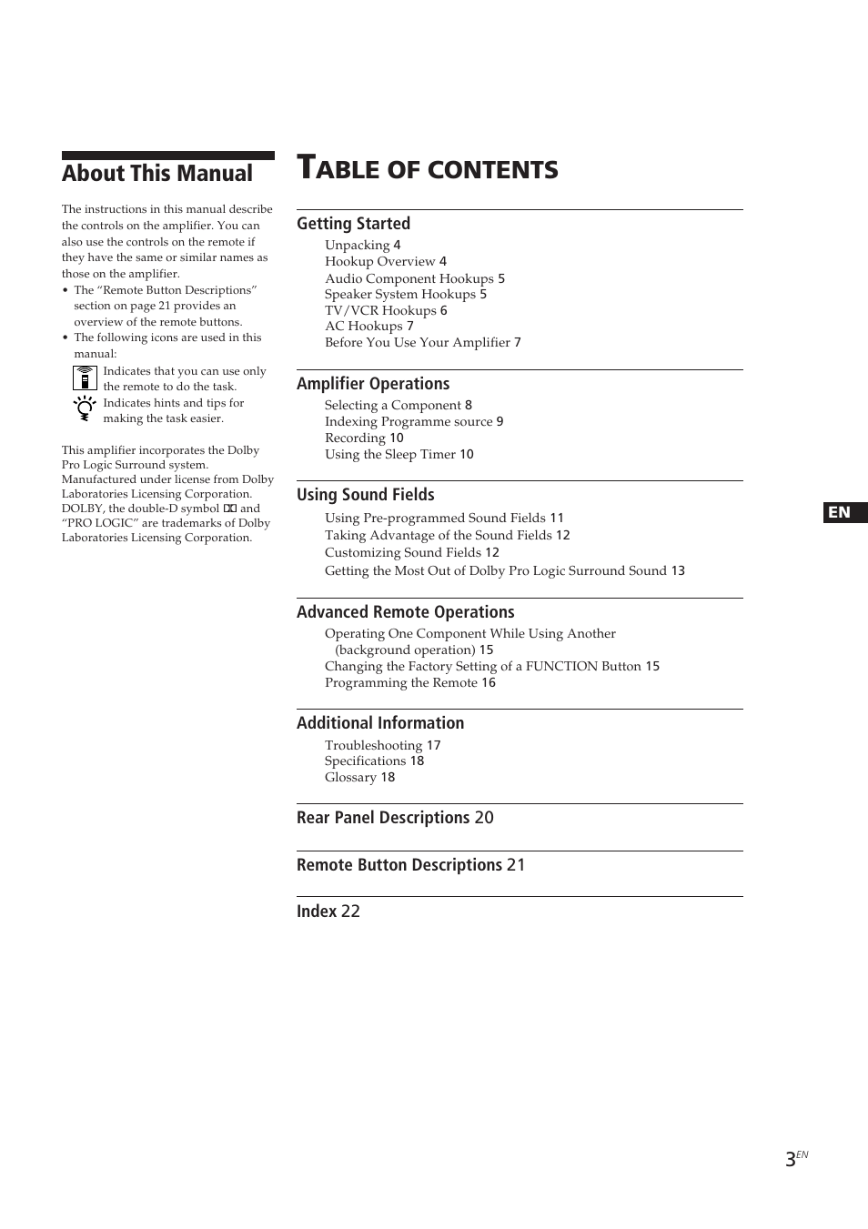 Able of contents, About this manual | Sony TA-VE700 User Manual | Page 3 / 90