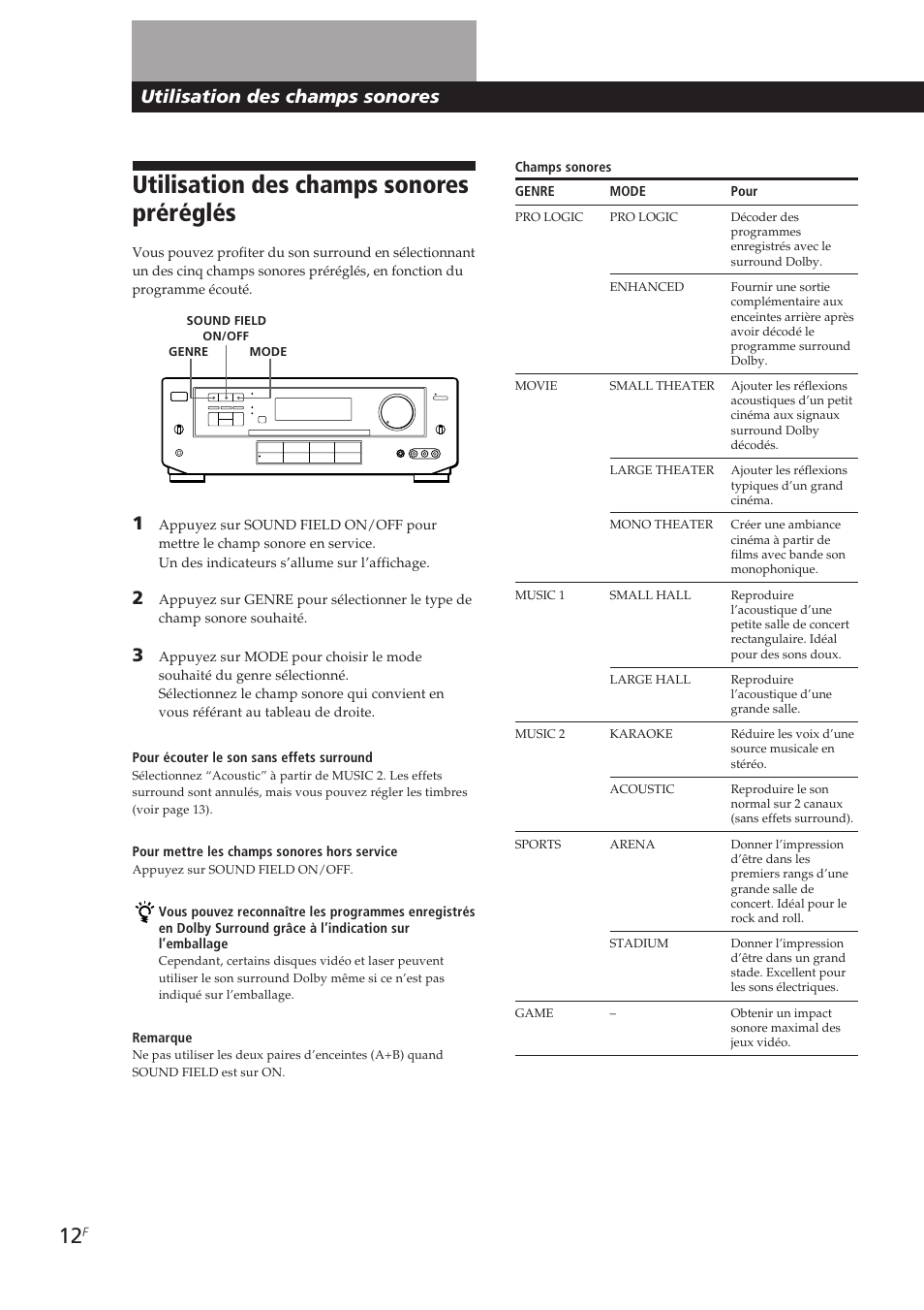 Utilisation des champs sonores préréglés, Utilisation des champs sonores | Sony TA-VE700 User Manual | Page 33 / 90