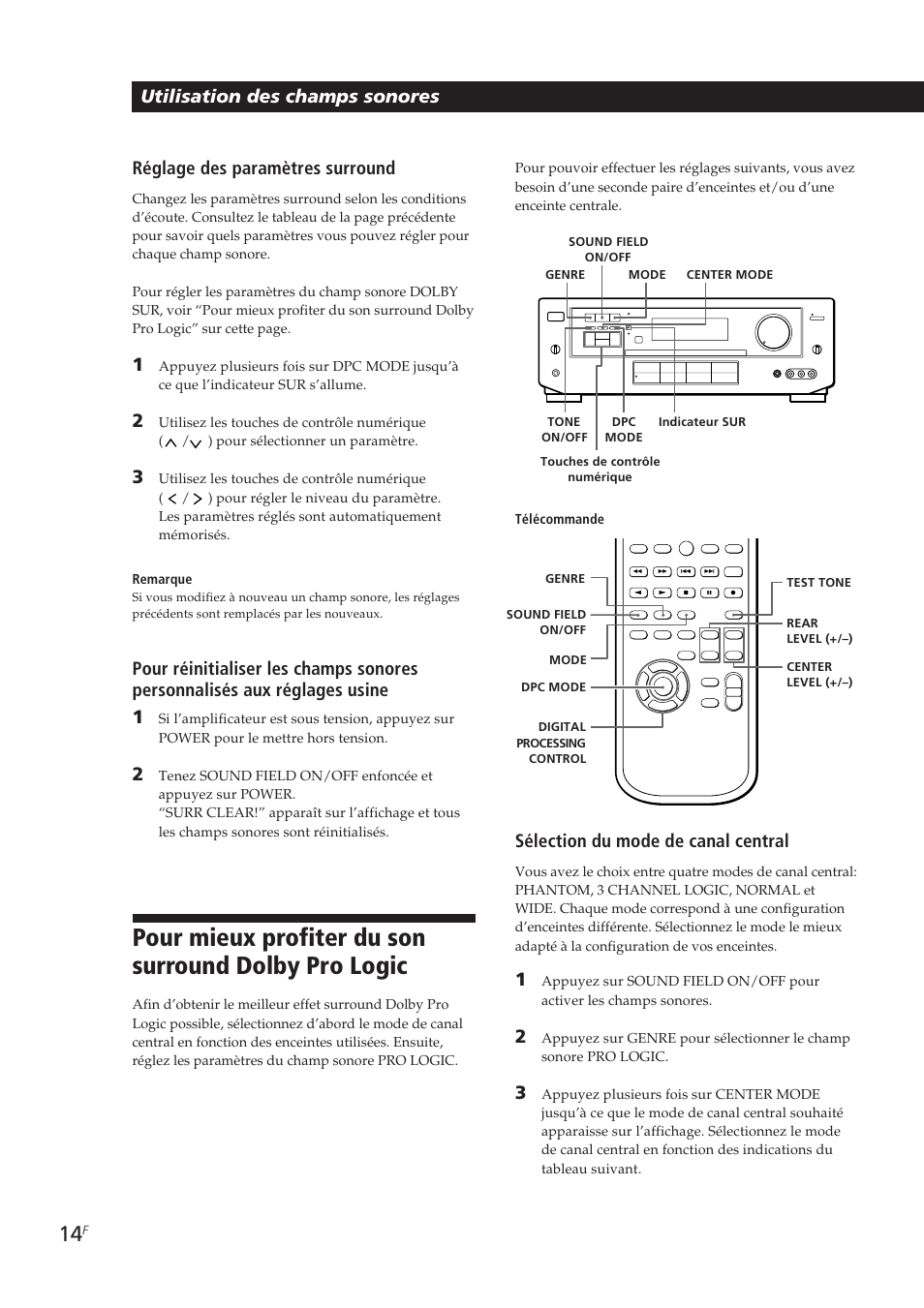 Utilisation des champs sonores, Réglage des paramètres surround, Sélection du mode de canal central | Sony TA-VE700 User Manual | Page 35 / 90