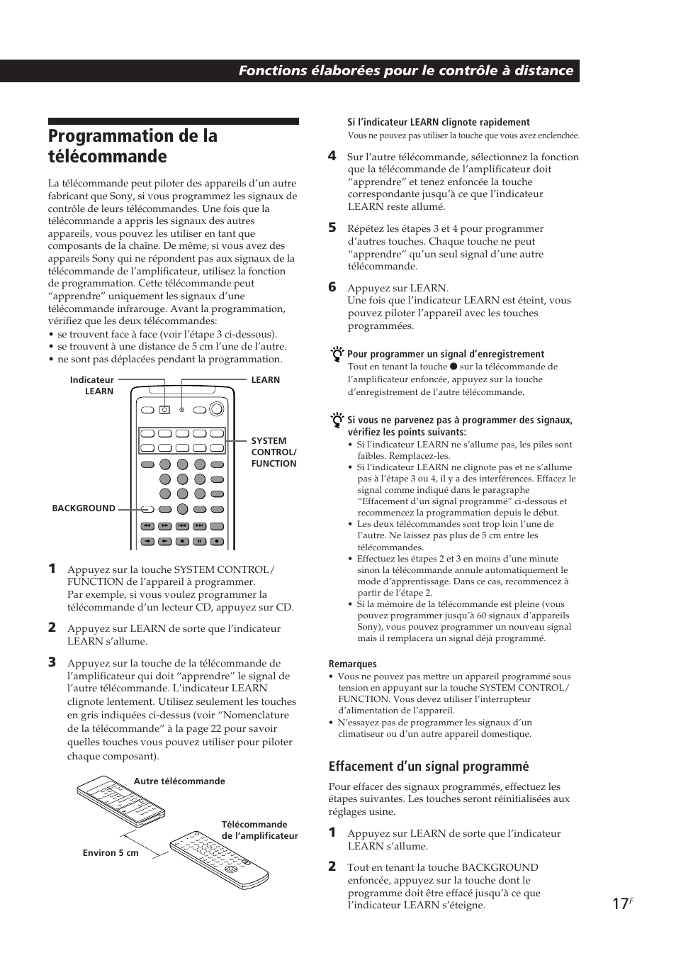 Programmation de la télécommande, Fonctions élaborées pour le contrôle à distance, Effacement d’un signal programmé | Sony TA-VE700 User Manual | Page 38 / 90
