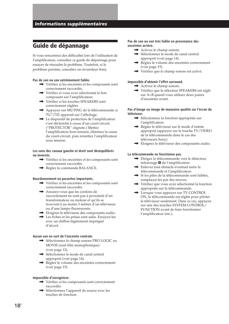 Guide de dépannage, Informations supplémentaires | Sony TA-VE700 User Manual | Page 39 / 90
