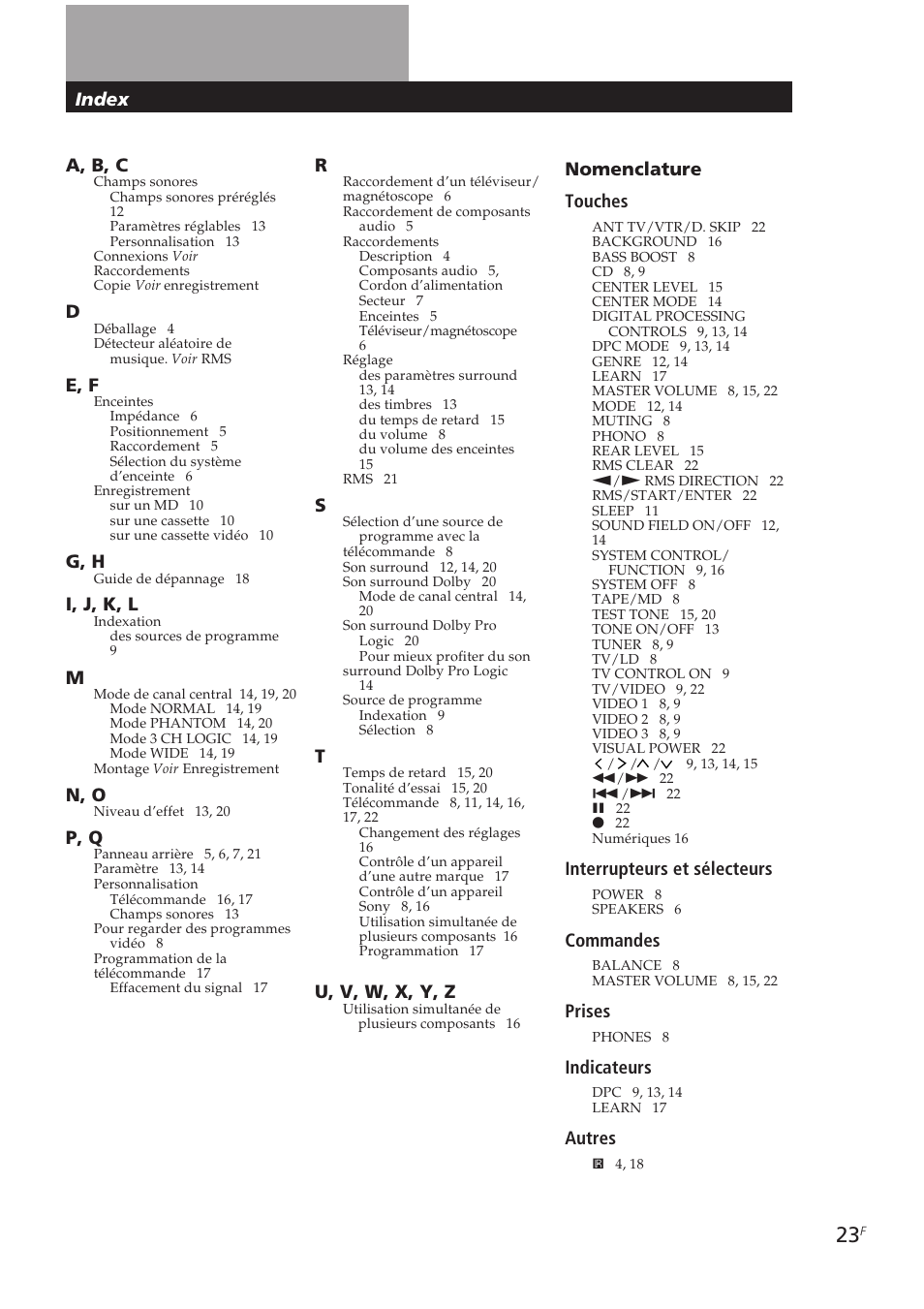 A, b, c, E, f, G, h | I, j, k, l, N, o, P, q, U, v, w, x, y, z, Index nomenclature touches, Interrupteurs et sélecteurs, Commandes | Sony TA-VE700 User Manual | Page 44 / 90