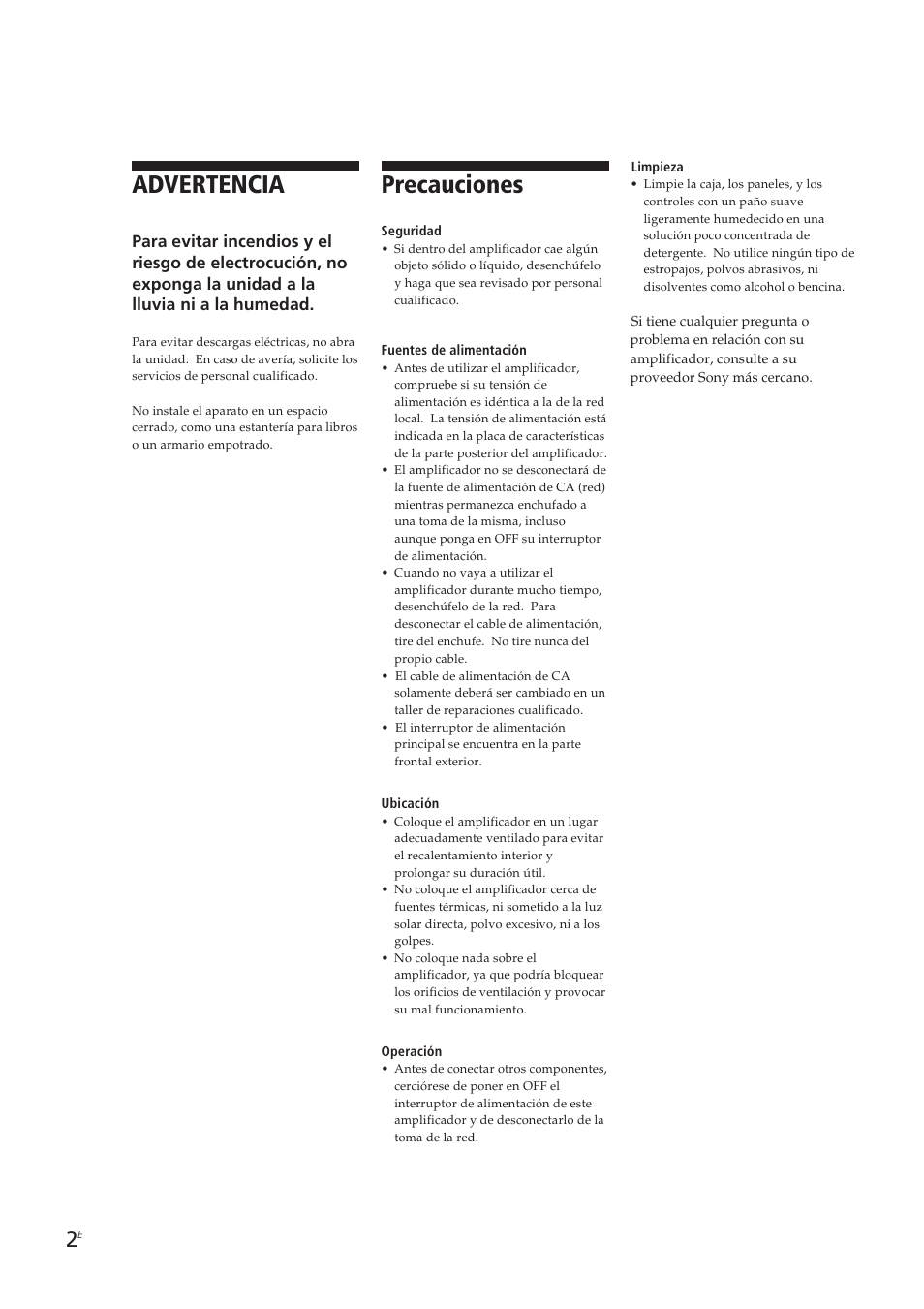 Advertencia, Precauciones, Preparativos | Sony TA-VE700 User Manual | Page 45 / 90