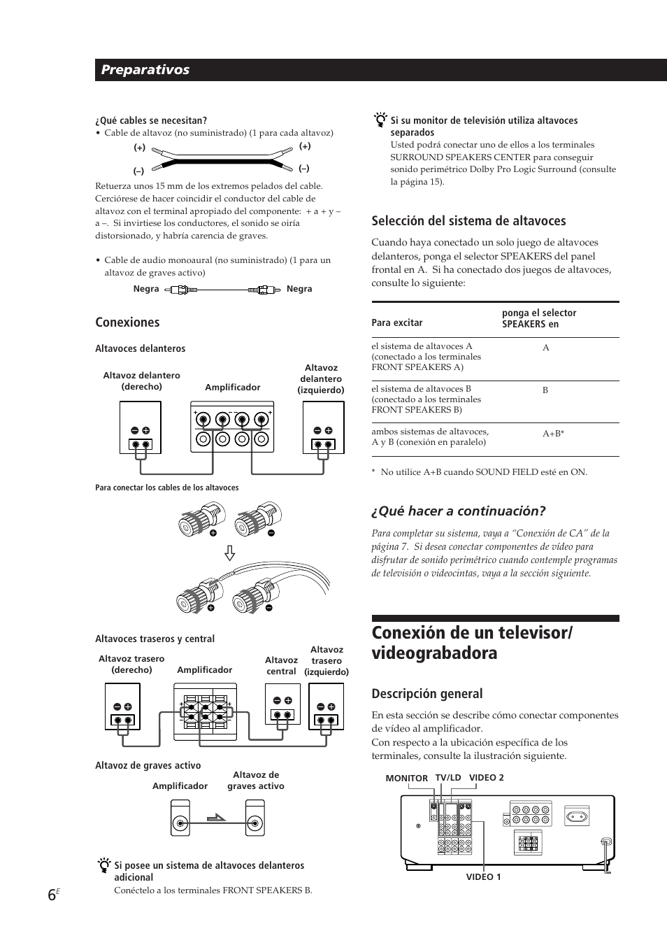 Conexión de un televisor/ videograbadora, Preparativos, Conexiones | Selección del sistema de altavoces, Qué hacer a continuación, Descripción general | Sony TA-VE700 User Manual | Page 49 / 90