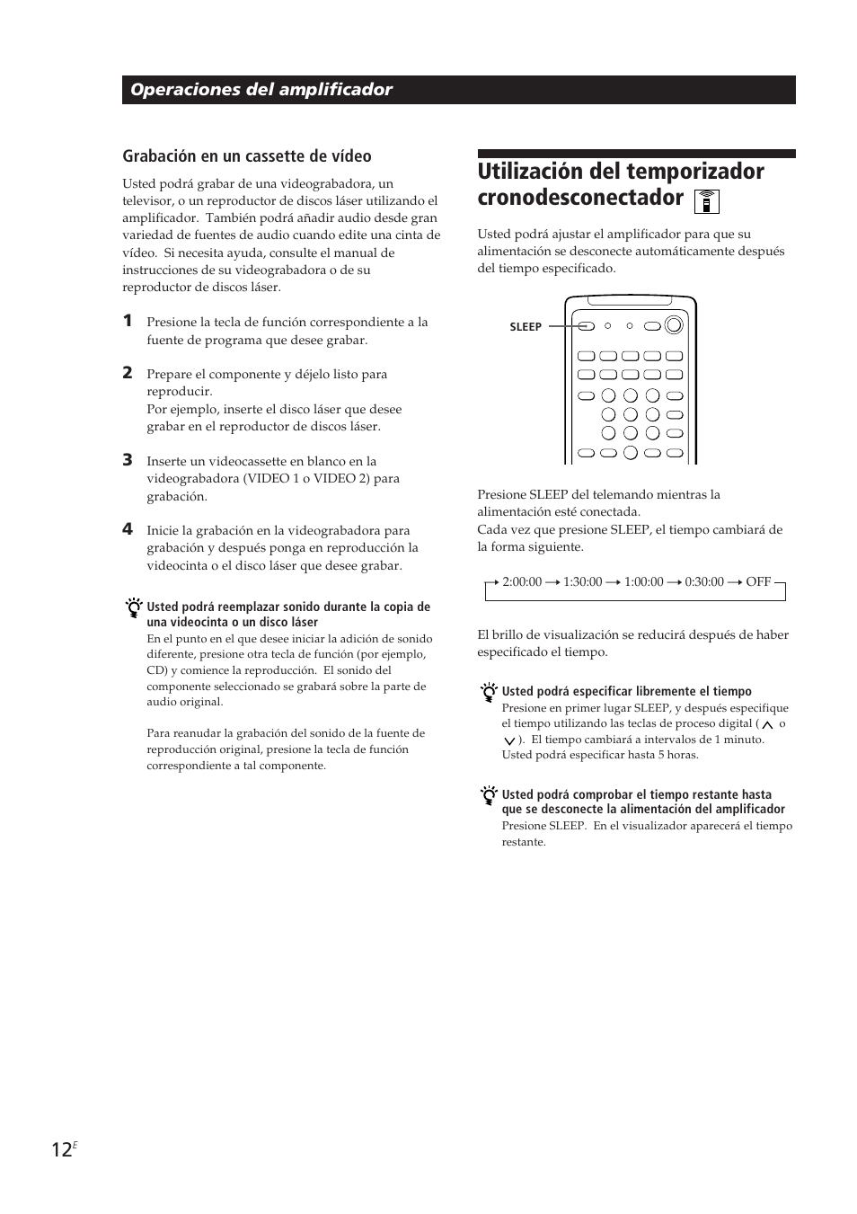 Utilización del temporizador cronodesconectador, Operaciones del amplificador, Grabación en un cassette de vídeo | Sony TA-VE700 User Manual | Page 55 / 90