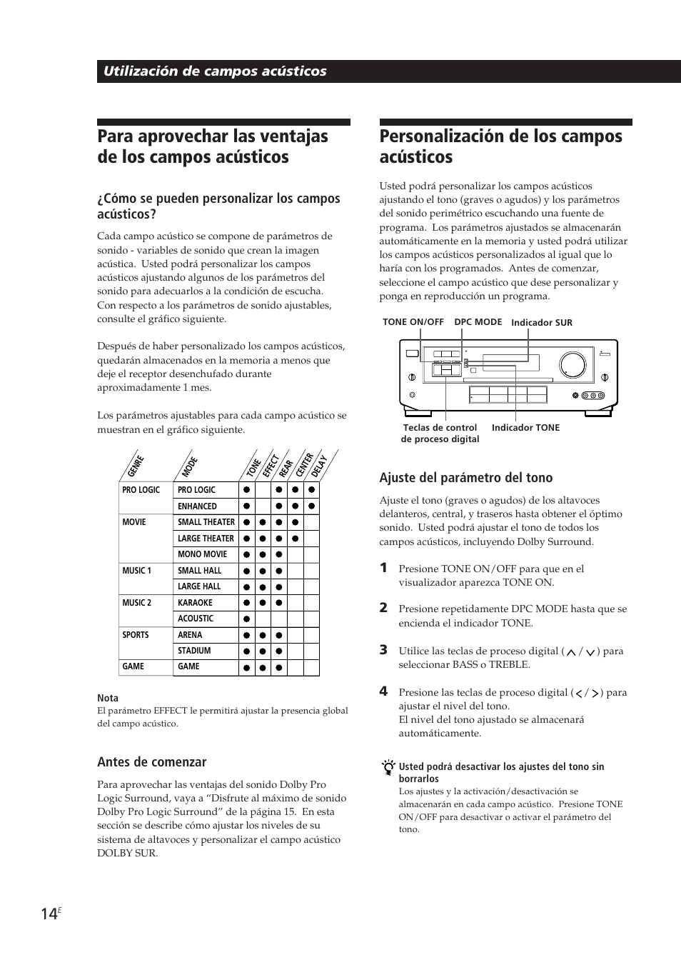 Personalización de los campos acústicos, Utilización de campos acústicos, Ajuste del parámetro del tono | Cómo se pueden personalizar los campos acústicos, Antes de comenzar | Sony TA-VE700 User Manual | Page 57 / 90
