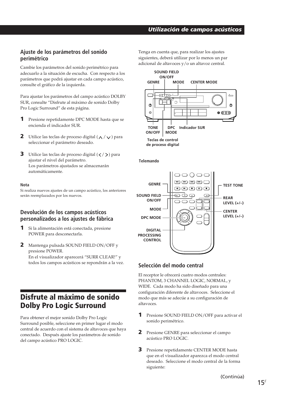 Utilización de campos acústicos, Ajuste de los parámetros del sonido perimétrico, Selección del modo central | Sony TA-VE700 User Manual | Page 58 / 90