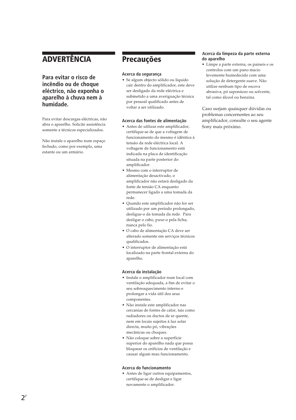 Advertência, Precauções | Sony TA-VE700 User Manual | Page 68 / 90
