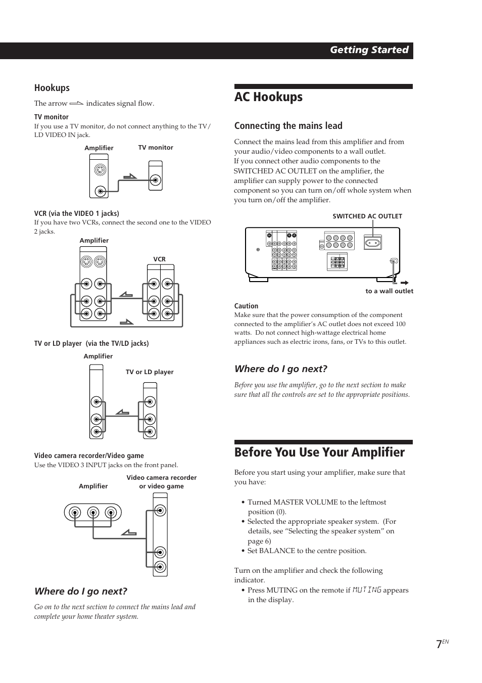 Ac hookups, Before you use your amplifier, Getting started hookups | Where do i go next, Connecting the mains lead, The arrow ç indicates signal flow. tv monitor, Vcr (via the video 1 jacks) | Sony TA-VE700 User Manual | Page 7 / 90