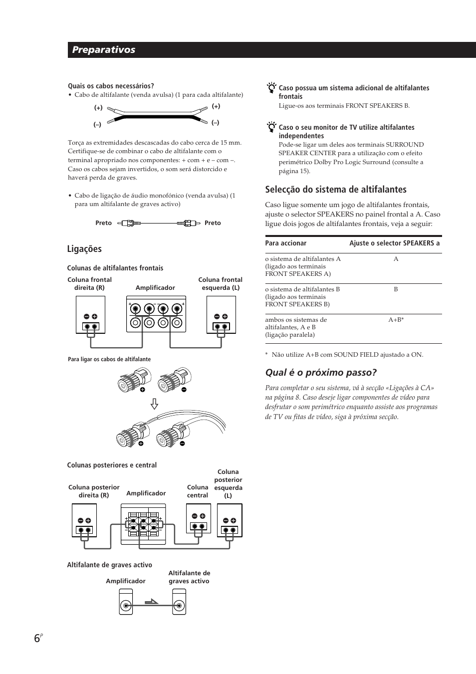 Preparativos, Ligações, Selecção do sistema de altifalantes | Qual é o próximo passo | Sony TA-VE700 User Manual | Page 72 / 90