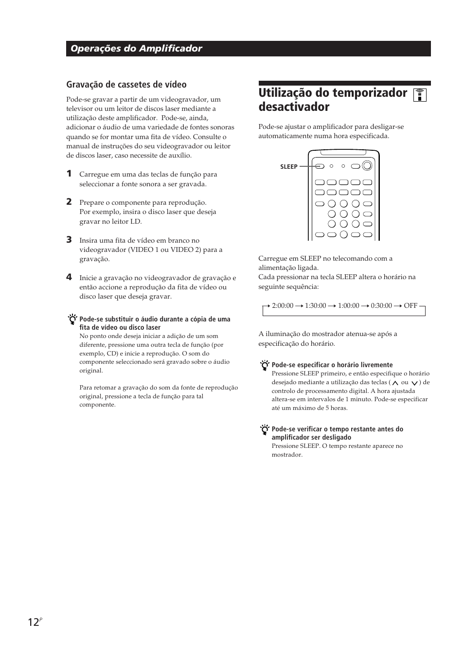 Utilização do temporizador desactivador, Operações do amplificador, Gravação de cassetes de vídeo | Sony TA-VE700 User Manual | Page 78 / 90
