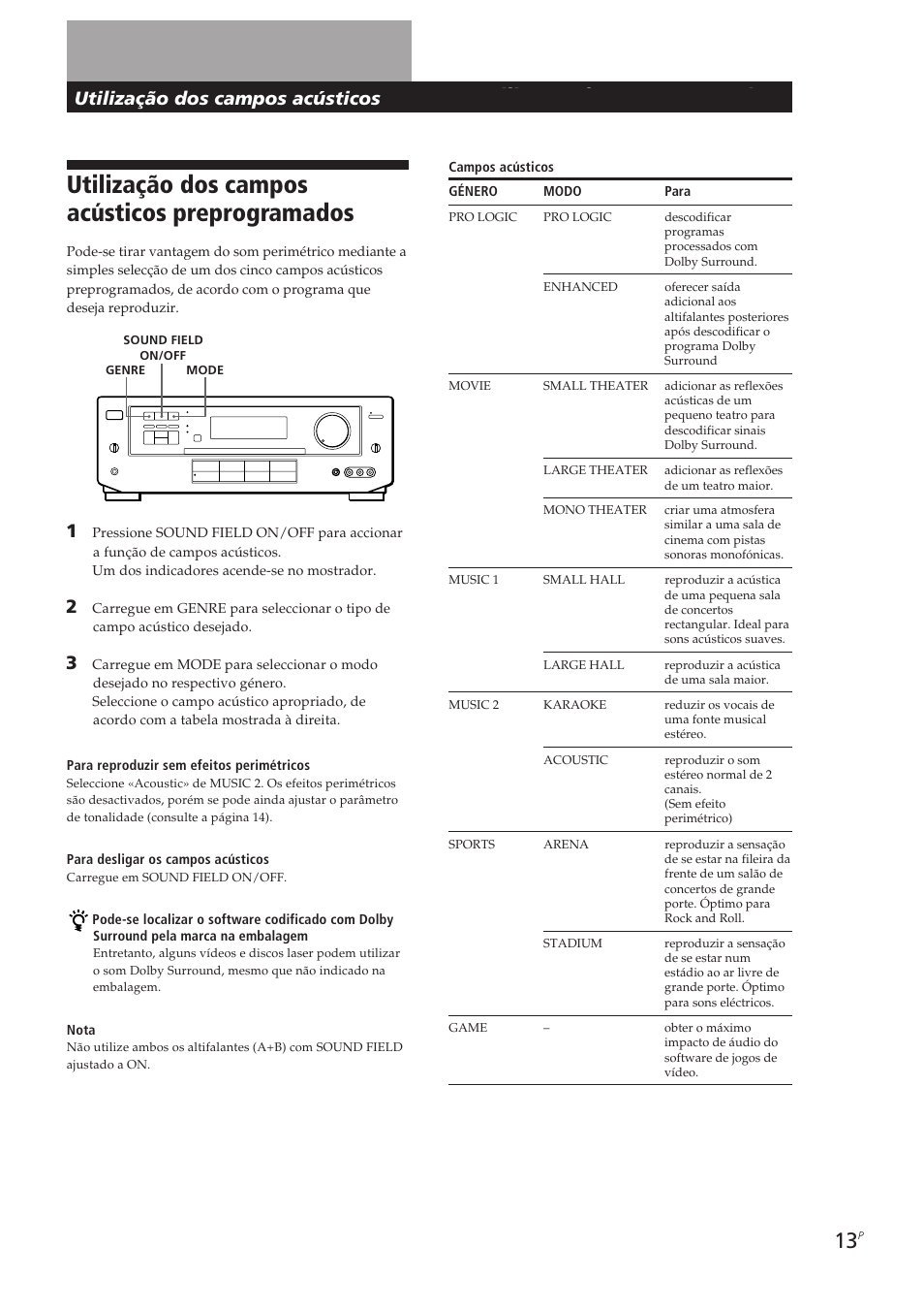 Utilização dos campos acústicos preprogramados, Utilização dos campos acústicos | Sony TA-VE700 User Manual | Page 79 / 90