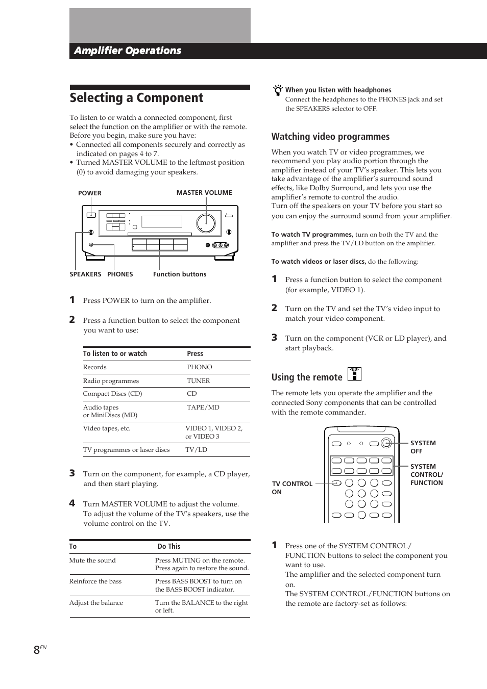 Selecting a component, Amplifier operations, Watching video programmes | Using the remote | Sony TA-VE700 User Manual | Page 8 / 90