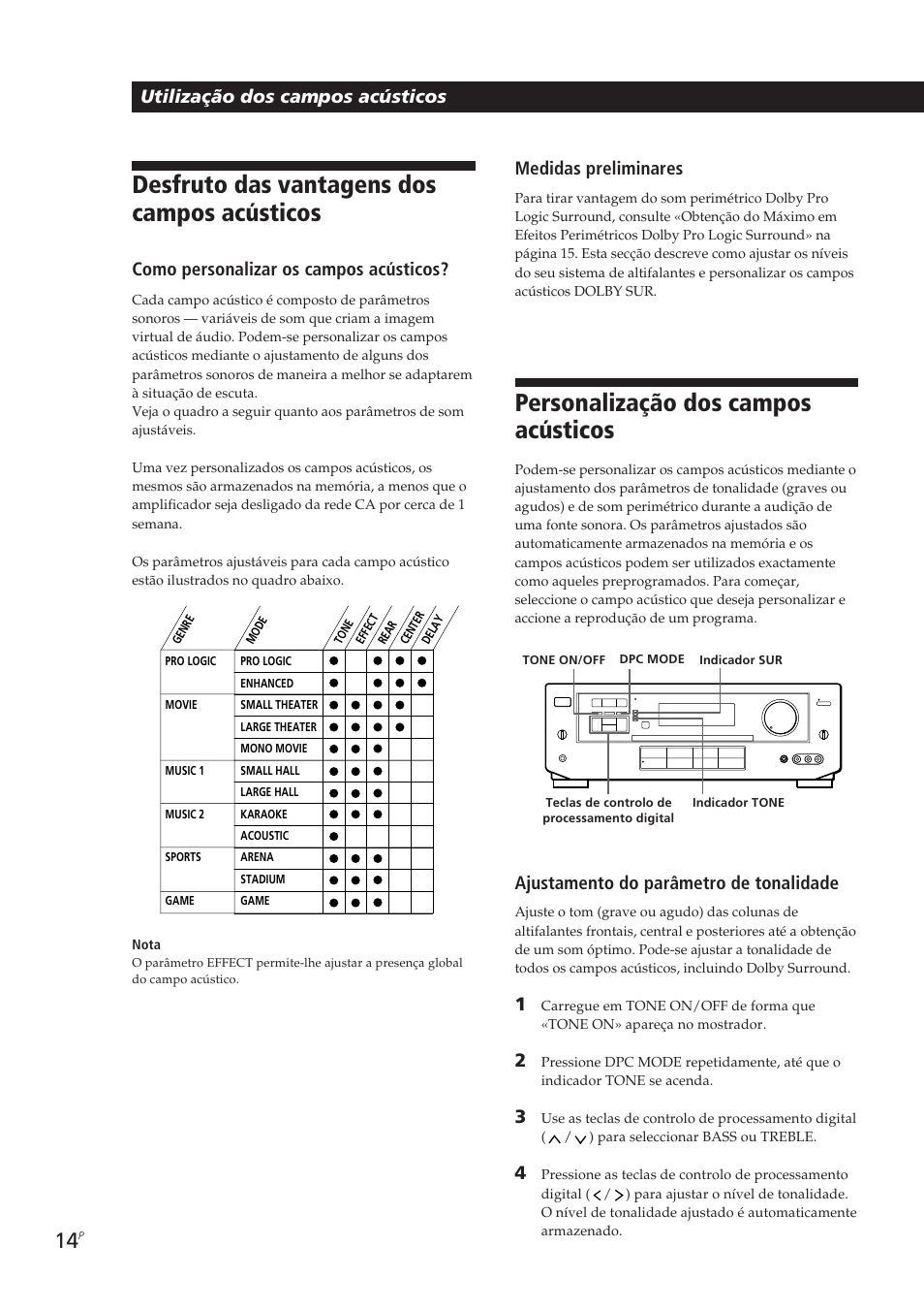 Personalização dos campos acústicos, Desfruto das vantagens dos campos acústicos, Ajustamento do parâmetro de tonalidade | Como personalizar os campos acústicos | Sony TA-VE700 User Manual | Page 80 / 90