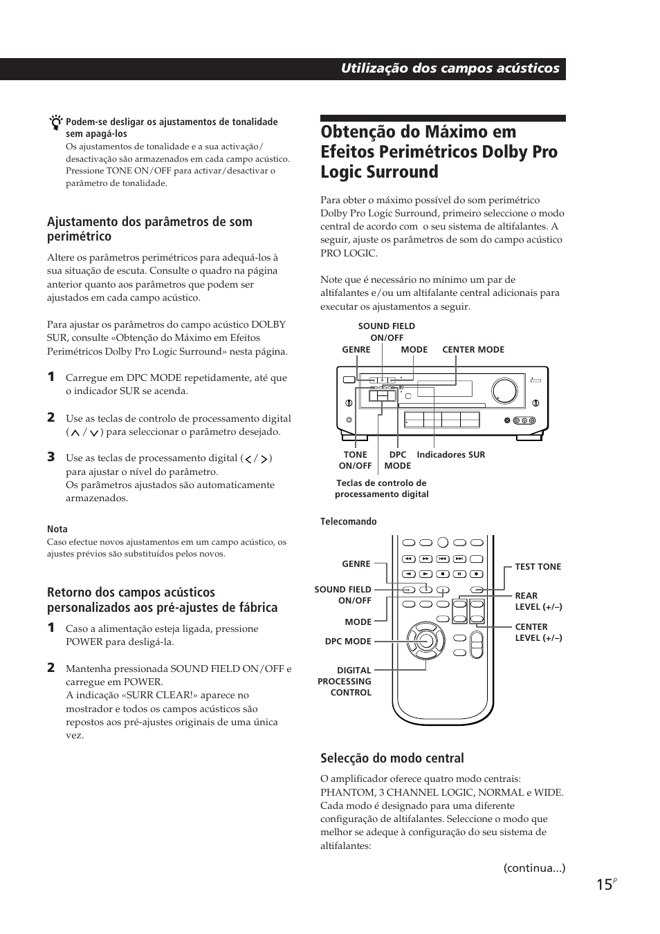 Utilização dos campos acústicos, Selecção do modo central, Ajustamento dos parâmetros de som perimétrico | Sony TA-VE700 User Manual | Page 81 / 90