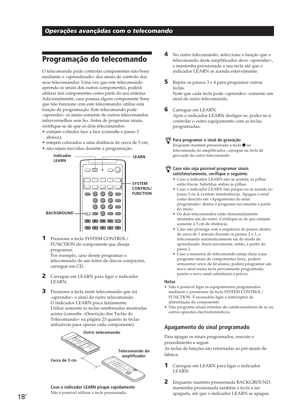 Programação do telecomando, Operações avançãdas com o telecomando, Apagamento do sinal programado | Sony TA-VE700 User Manual | Page 84 / 90