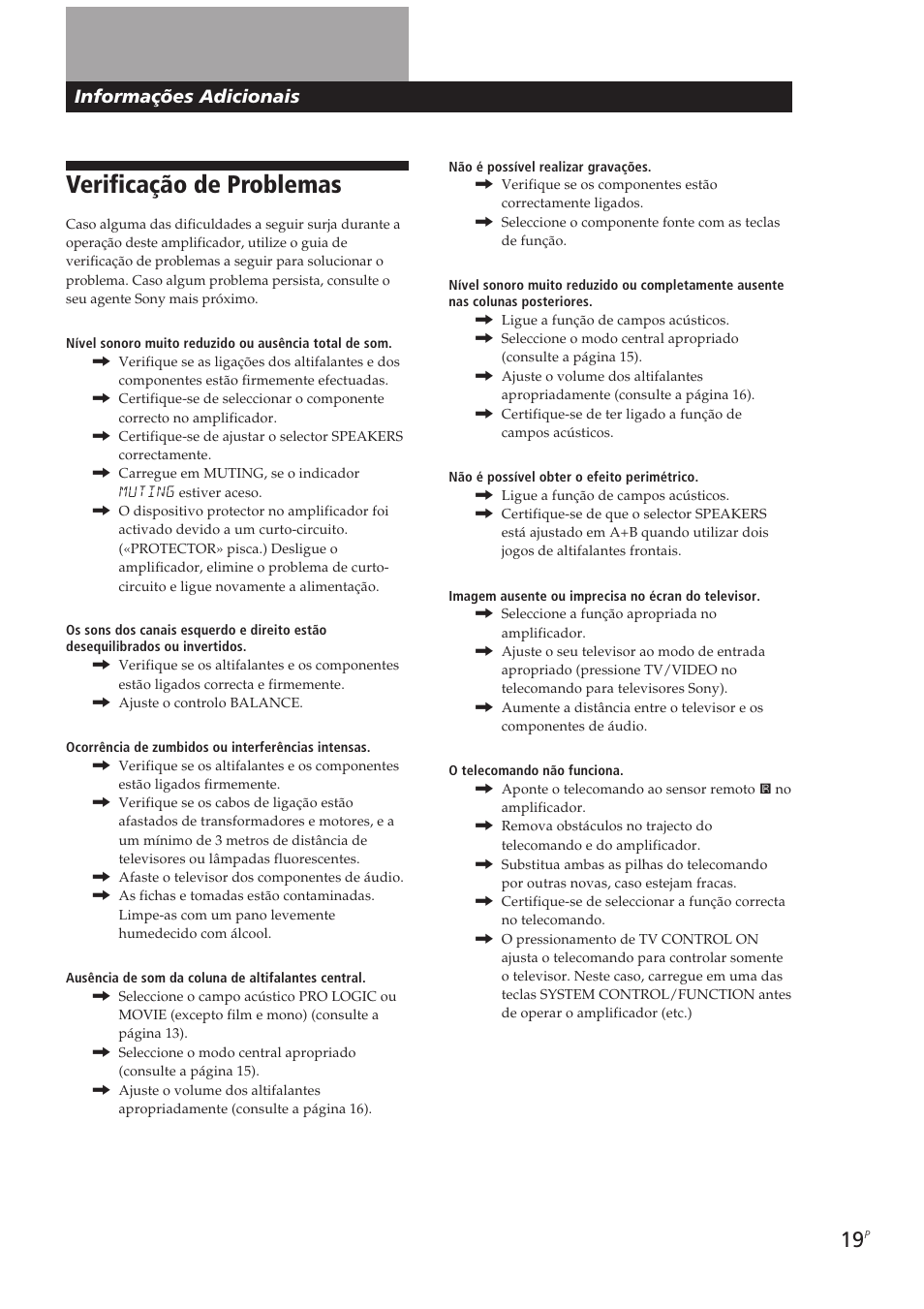 Verificação de problemas, Informações adicionais | Sony TA-VE700 User Manual | Page 85 / 90