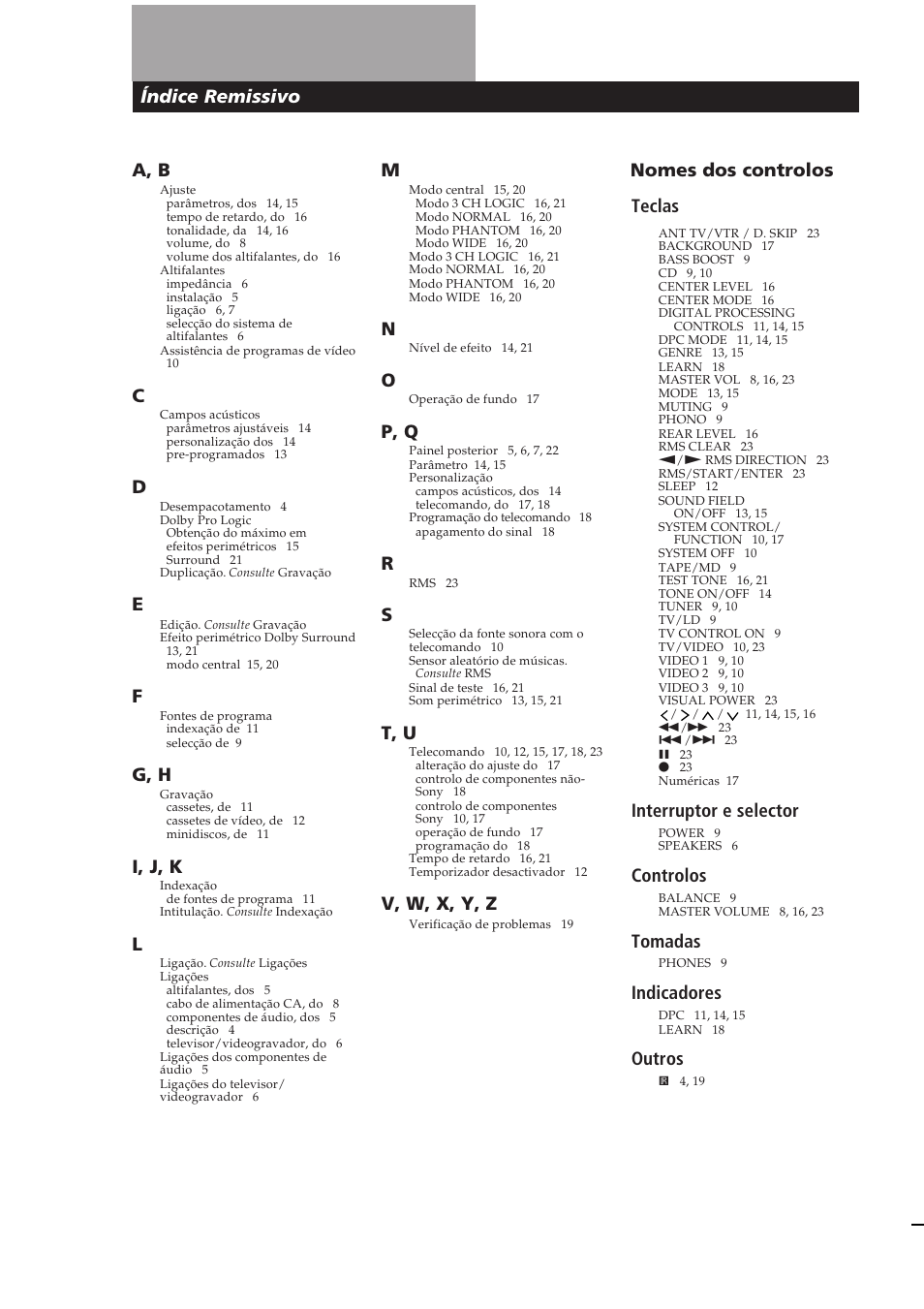 A, b, G, h, I, j, k | Nomes dos controlos teclas, Interruptor e selector, Controlos, Tomadas, Indicadores, Outros, P, q | Sony TA-VE700 User Manual | Page 90 / 90