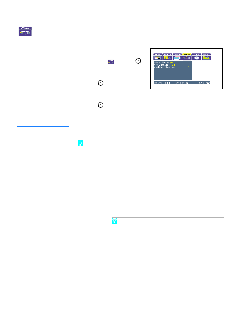 Using the wide menu, Selecting wide options, 64 using the wide menu | Sony GRAND WEGA KF 60DX100 User Manual | Page 64 / 92