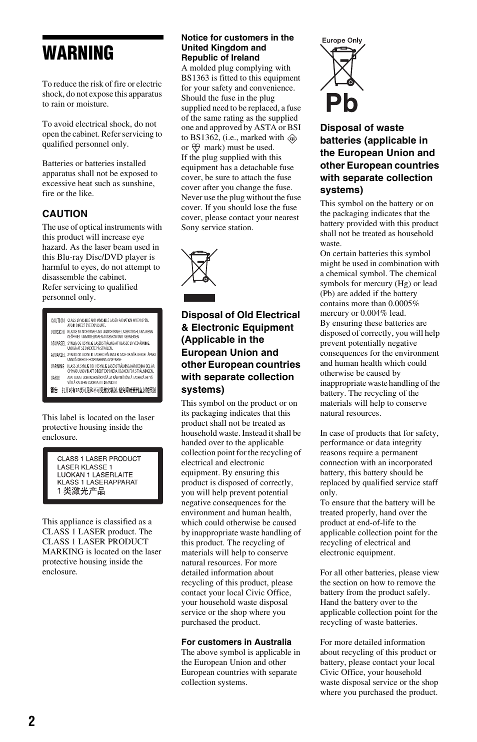 Warning | Sony BDPS560 User Manual | Page 2 / 83