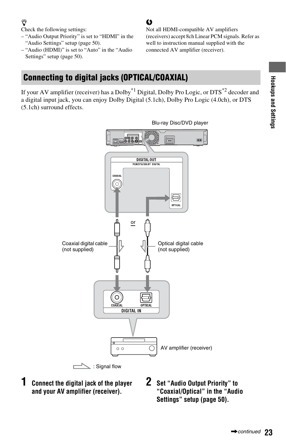 Connecting to digital jacks (optical/coaxial) | Sony BDPS560 User Manual | Page 23 / 83
