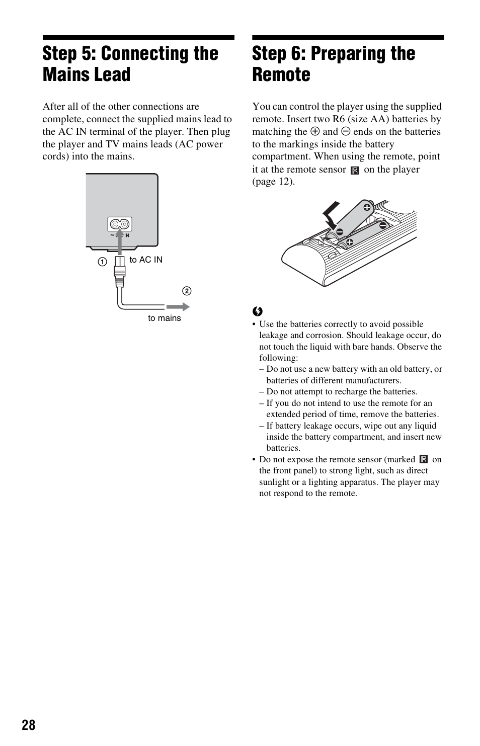 Step 5: connecting the mains lead, Step 6: preparing the remote | Sony BDPS560 User Manual | Page 28 / 83