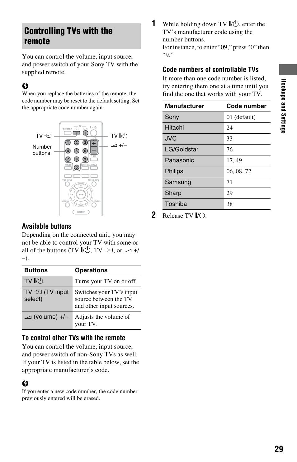 Controlling tvs with the remote | Sony BDPS560 User Manual | Page 29 / 83