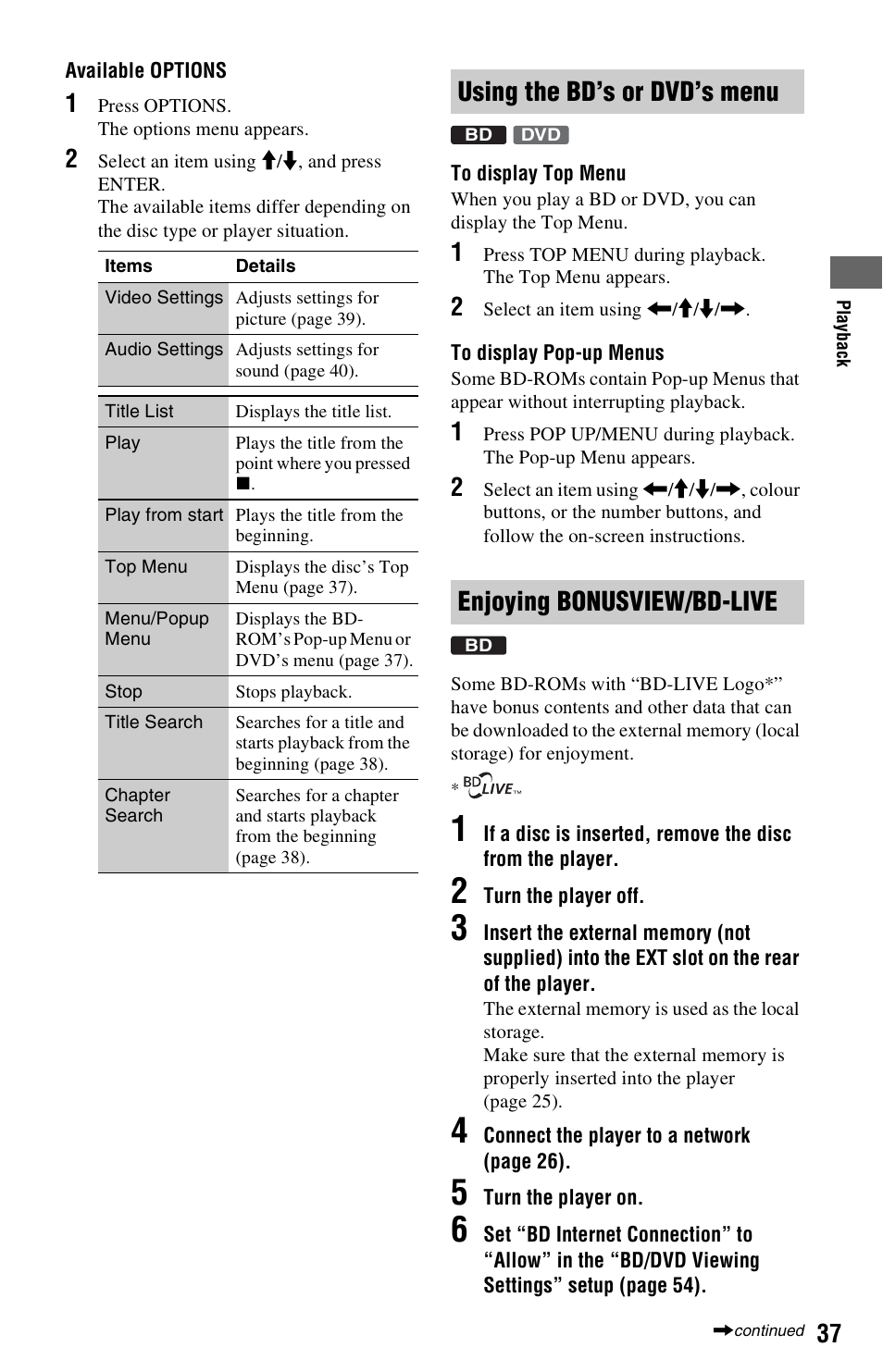 Using the bd’s or dvd’s menu, Enjoying bonusview/bd-live | Sony BDPS560 User Manual | Page 37 / 83