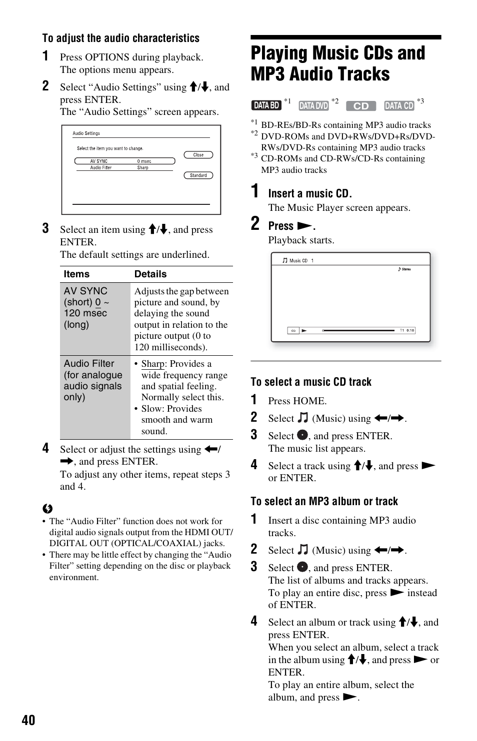 Playing music cds and mp3 audio tracks | Sony BDPS560 User Manual | Page 40 / 83