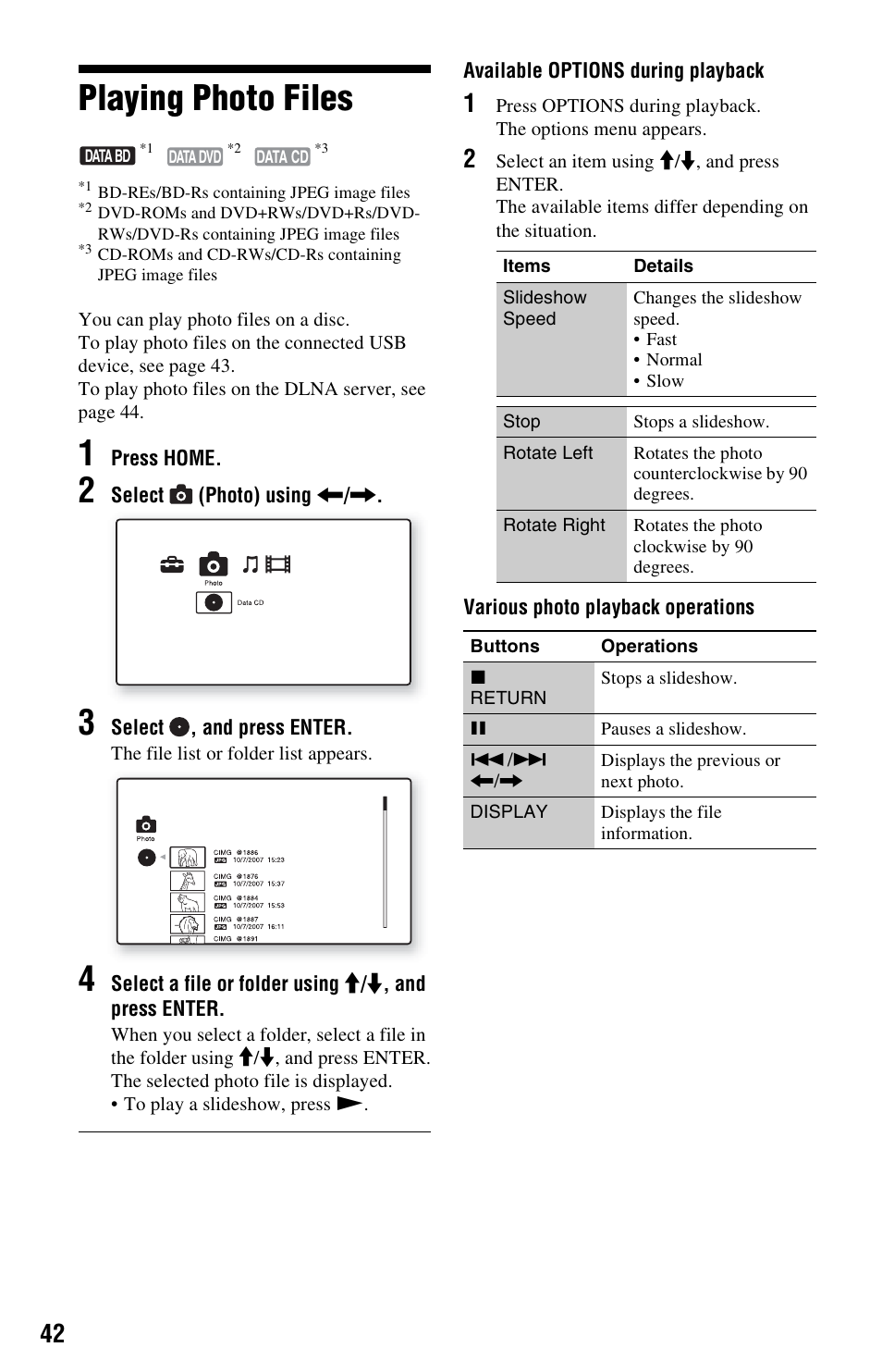 Playing photo files | Sony BDPS560 User Manual | Page 42 / 83