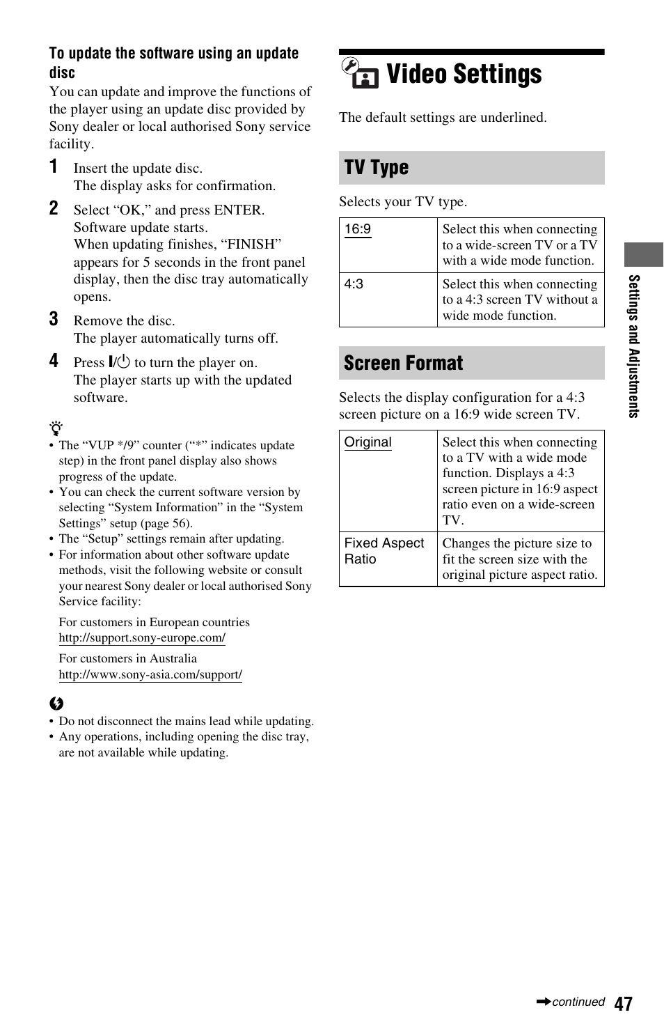 Video settings, Tv type, Screen format | Sony BDPS560 User Manual | Page 47 / 83
