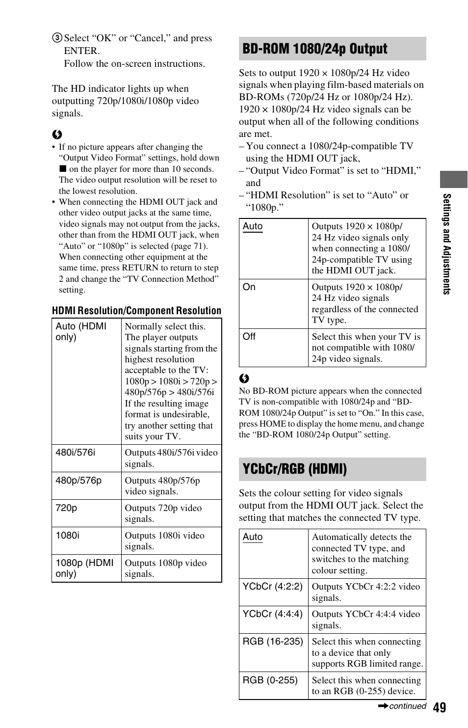 Ge 49, Ycbcr/rgb (hdmi) | Sony BDPS560 User Manual | Page 49 / 83