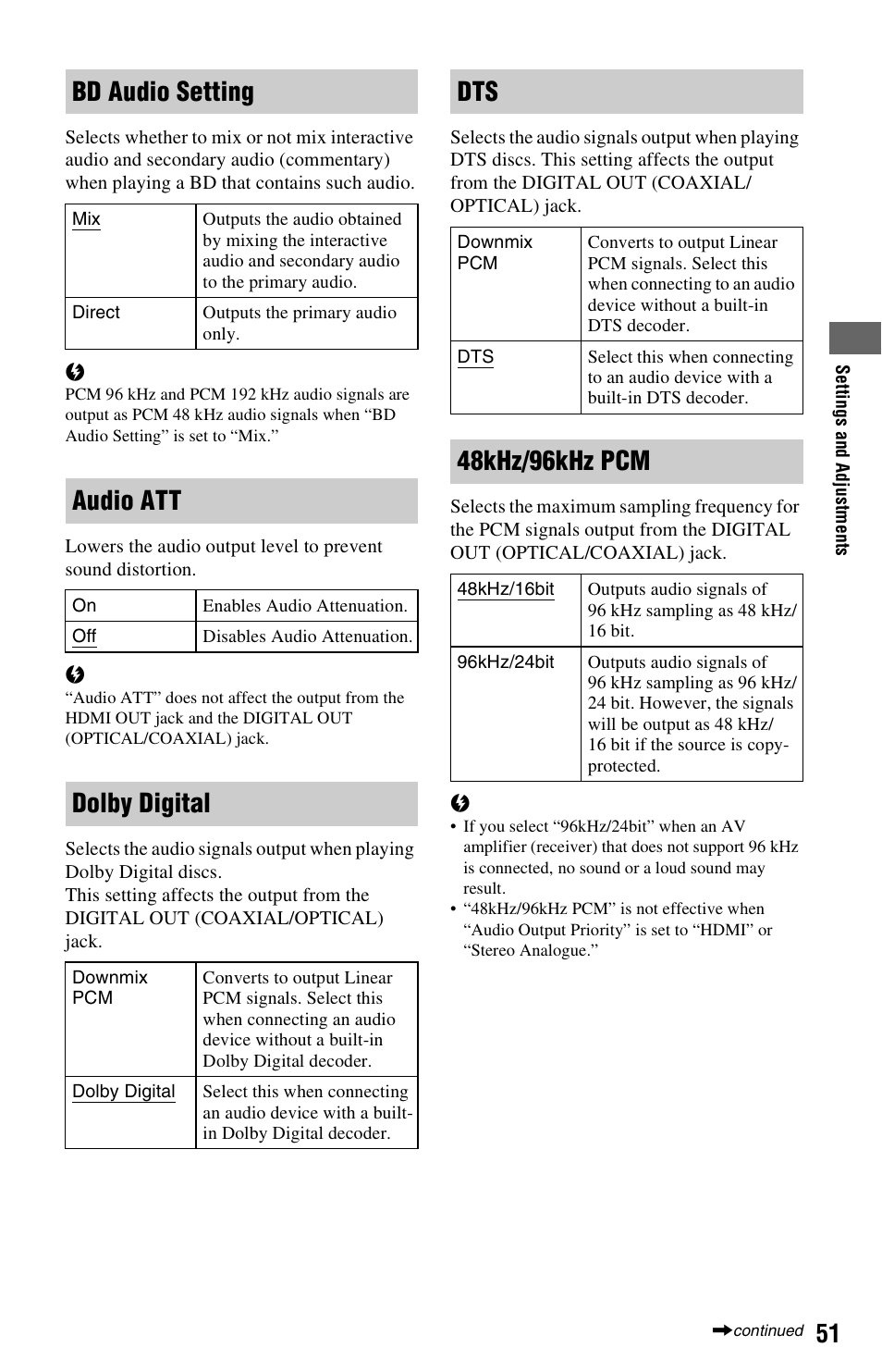 Bd audio setting, Audio att, Dolby digital | 48khz/96khz pcm | Sony BDPS560 User Manual | Page 51 / 83