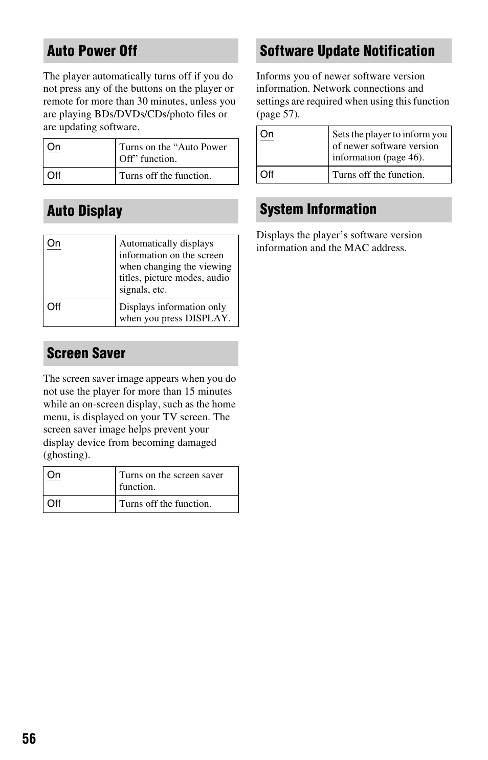 Auto power off, Auto display, Screen saver | Software update notification, System information | Sony BDPS560 User Manual | Page 56 / 83