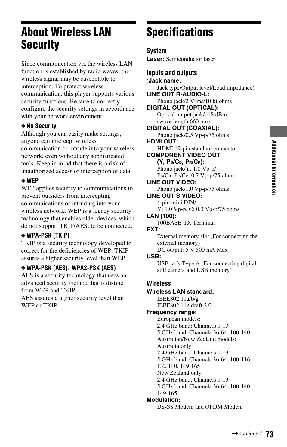 About wireless lan security, Specifications, About wireless lan security specifications | No security, About wireless lan security” o | Sony BDPS560 User Manual | Page 73 / 83