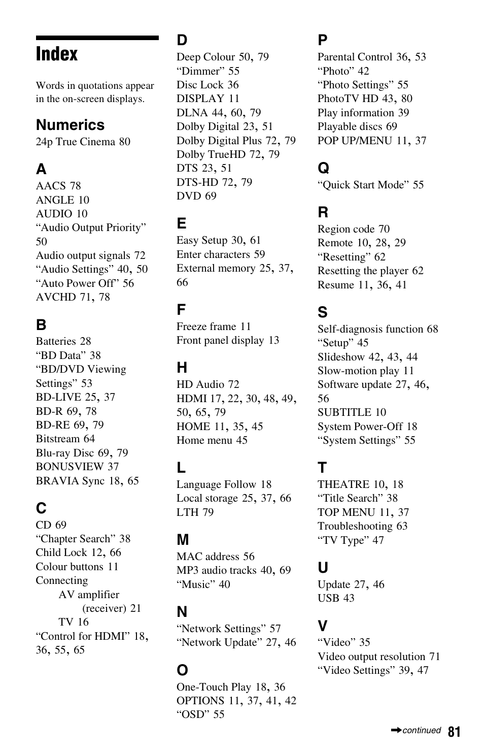 Index, Numerics | Sony BDPS560 User Manual | Page 81 / 83