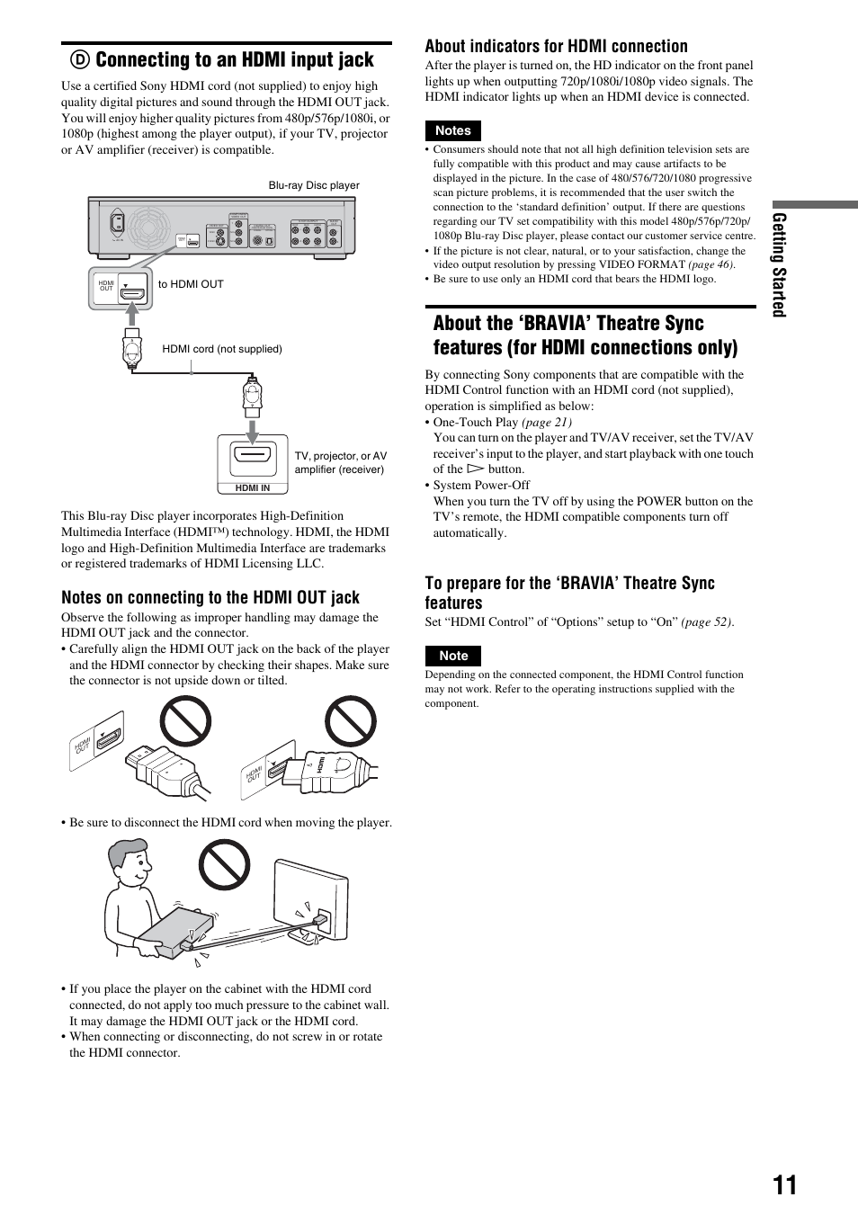 D connecting to an hdmi input jack, About the ‘bravia’ theatre sync features, For hdmi connections only) | Dconnecting to an hdmi input jack, Getting s tarted, About indicators for hdmi connection, Woofer | Sony BDP - S1E User Manual | Page 11 / 64