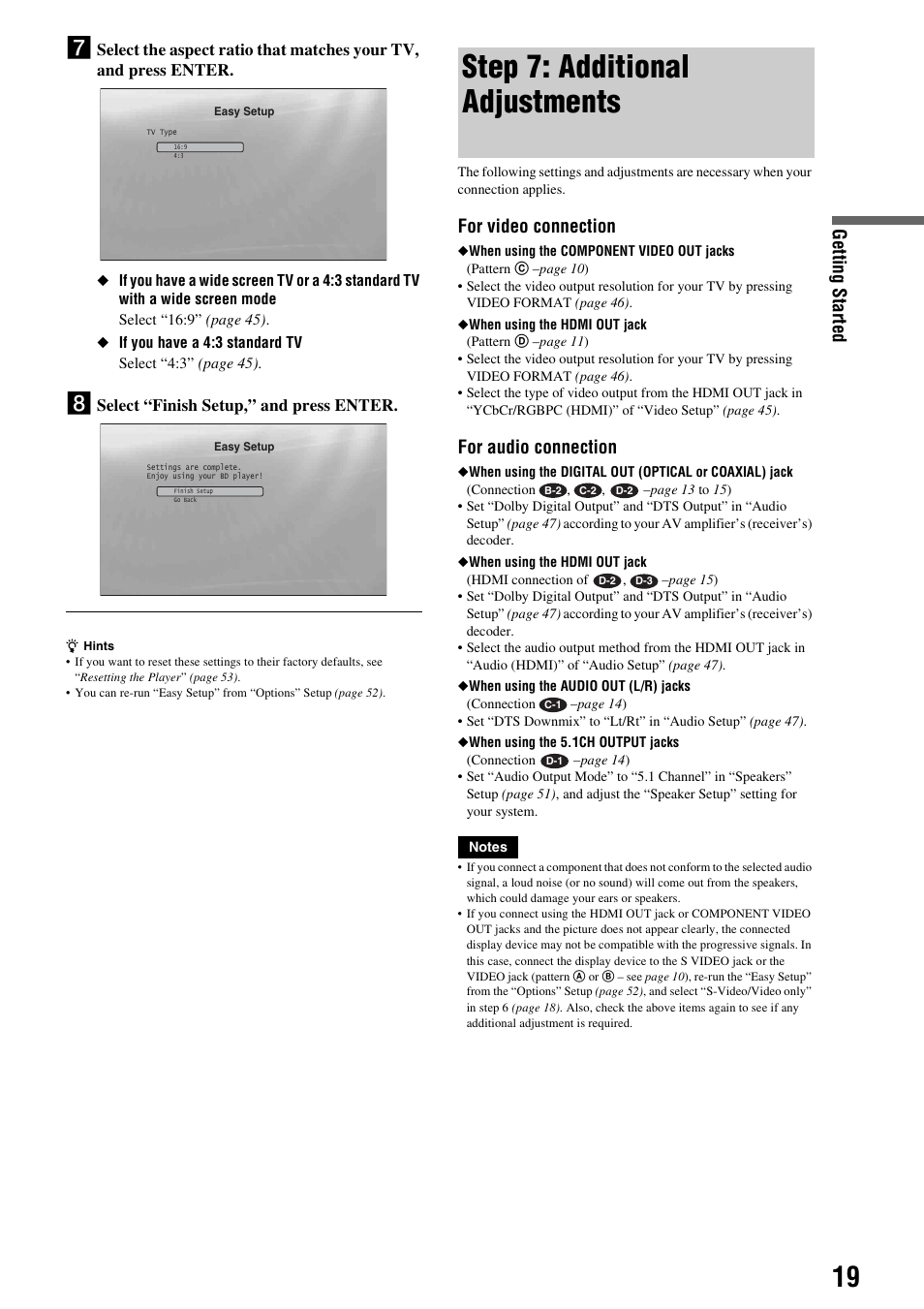 Step 7: additional adjustments, Getting s tarted, For video connection | For audio connection, Select “finish setup,” and press enter | Sony BDP - S1E User Manual | Page 19 / 64