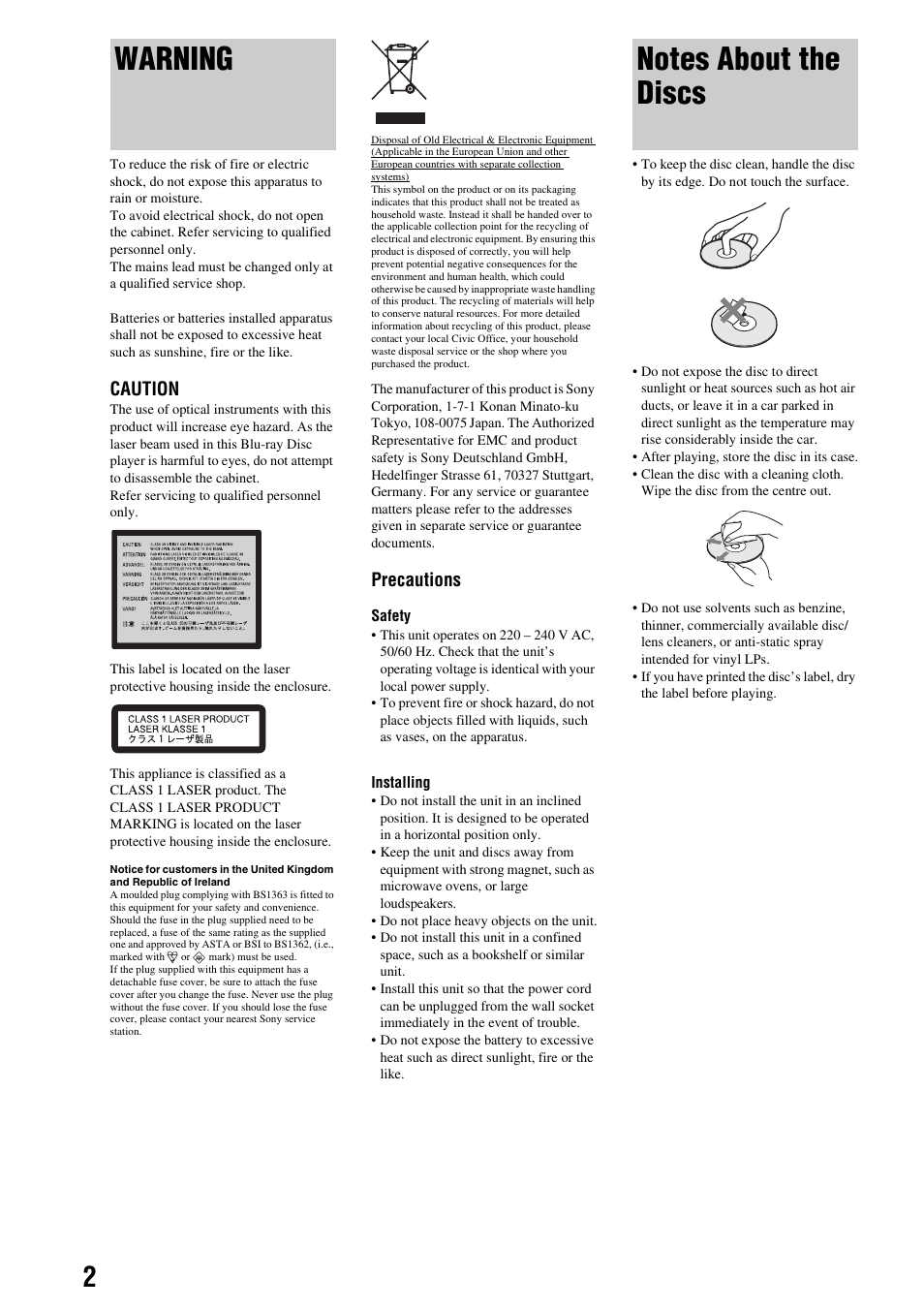Warning, Notes about the discs, Caution | Precautions | Sony BDP - S1E User Manual | Page 2 / 64