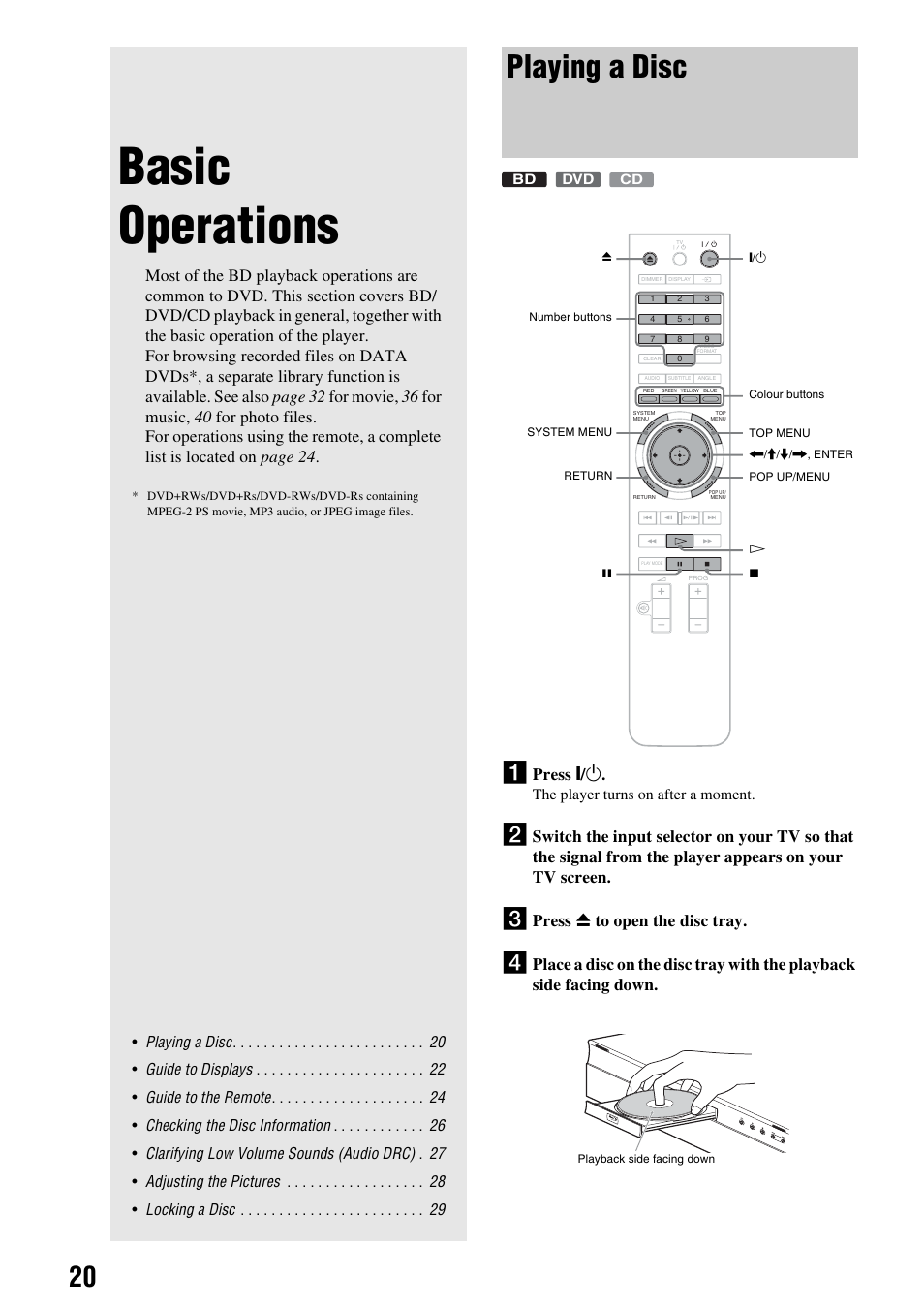 Playing a disc, Basic operations, Press \ / 1 | Press z to open the disc tray | Sony BDP - S1E User Manual | Page 20 / 64