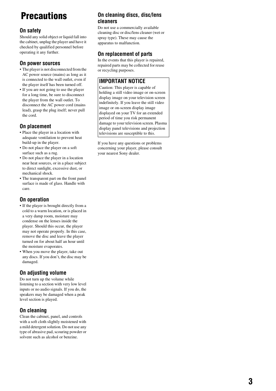 Precautions | Sony BDP - S1E User Manual | Page 3 / 64