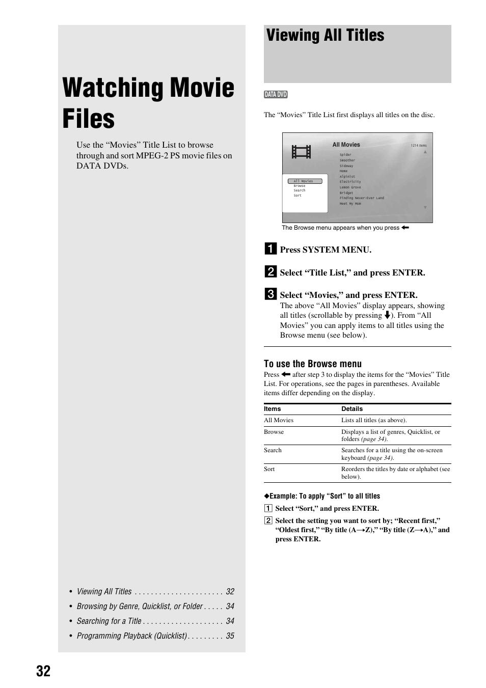 Watching movie files, Viewing all titles, Press system menu | Select “title list,” and press enter, Select “movies,” and press enter | Sony BDP - S1E User Manual | Page 32 / 64