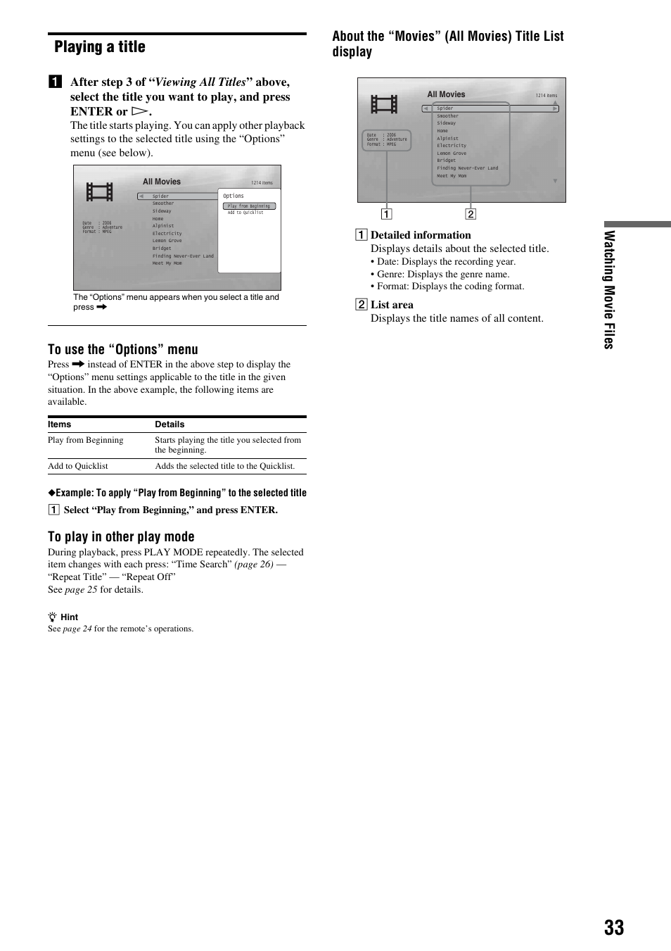 Playing a title, Watching movie fil e s, About the “movies” (all movies) title list display | Sony BDP - S1E User Manual | Page 33 / 64