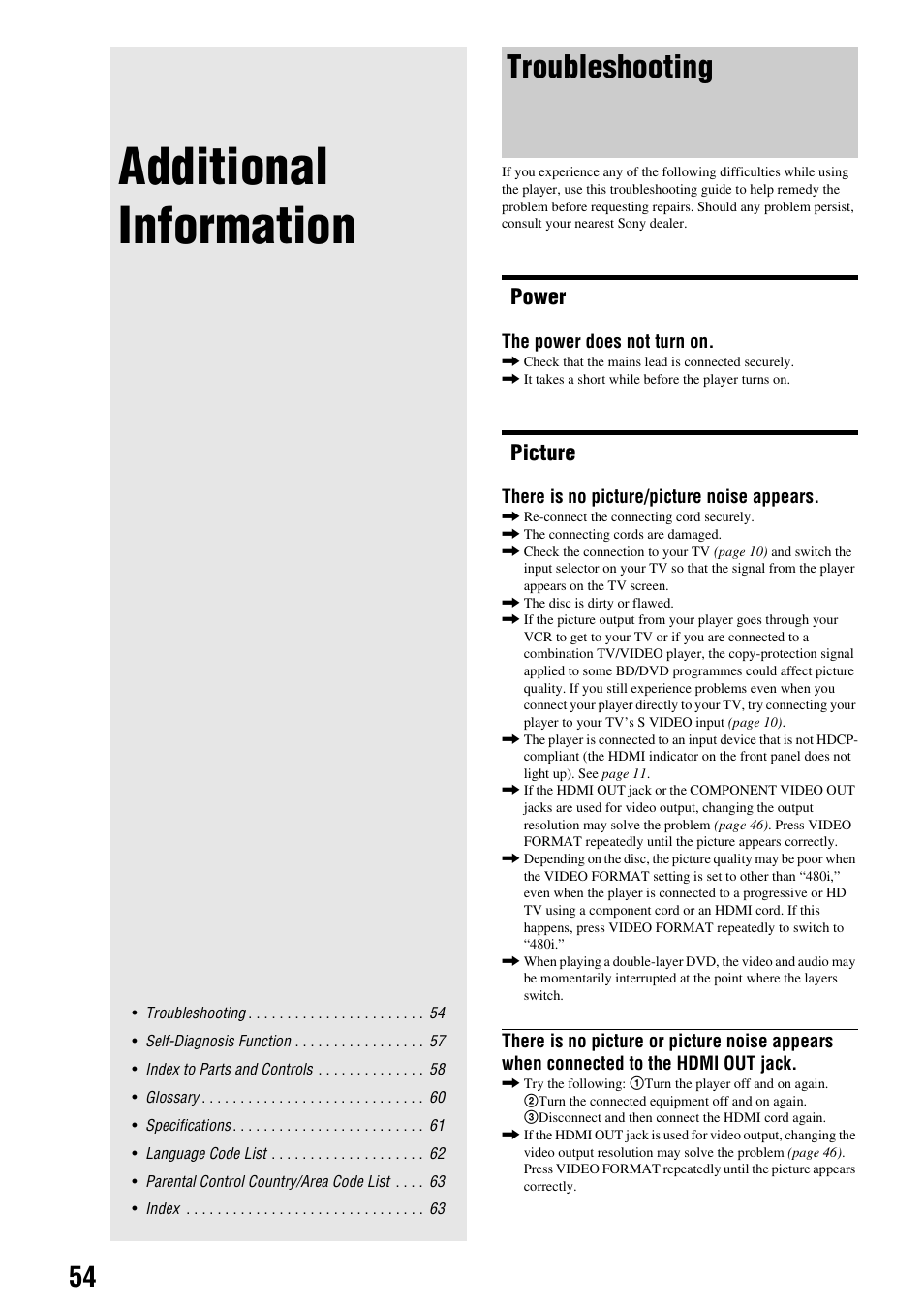 Additional information, Troubleshooting, Power | Picture | Sony BDP - S1E User Manual | Page 54 / 64