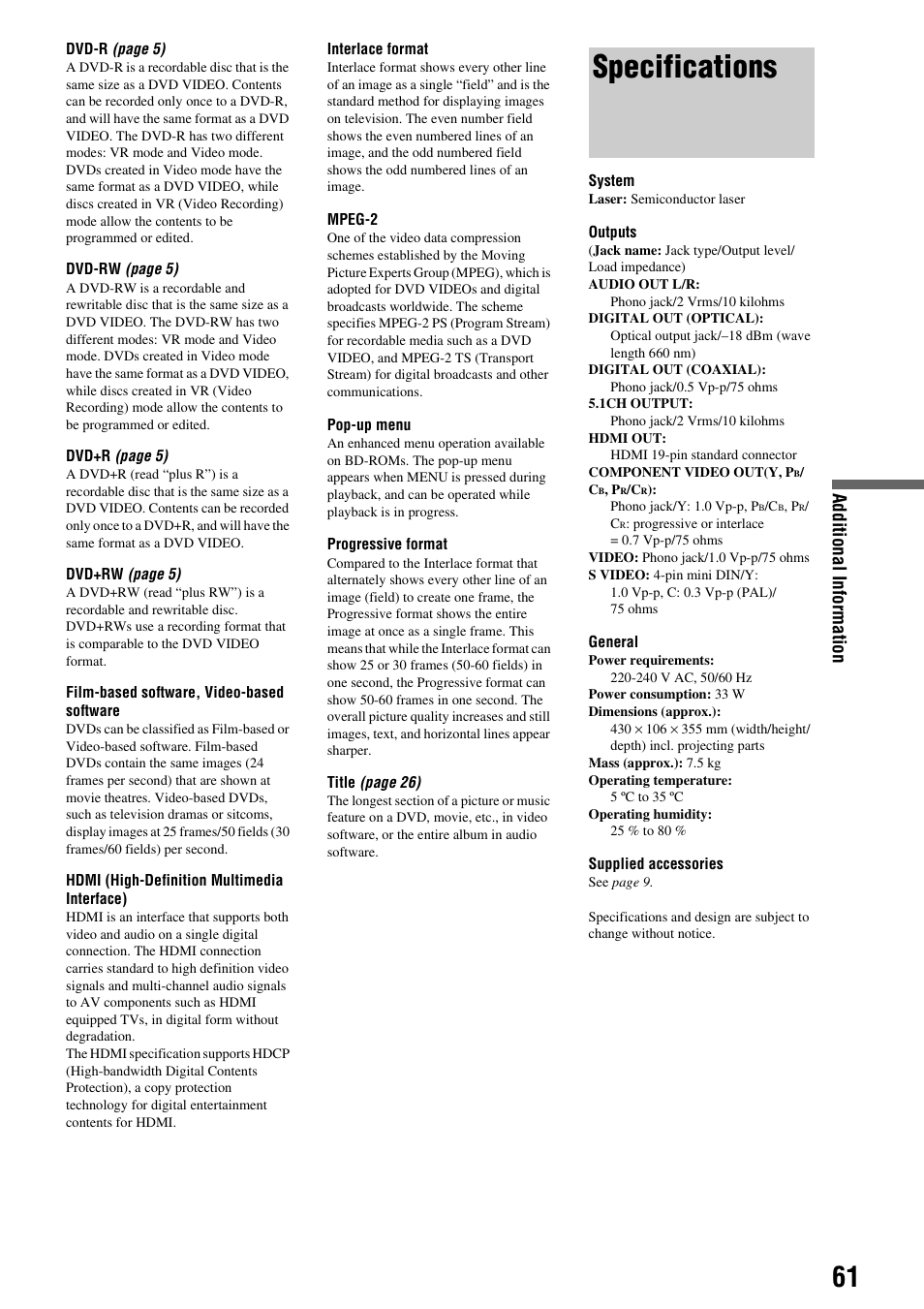 Specifications, Additional informati o n | Sony BDP - S1E User Manual | Page 61 / 64