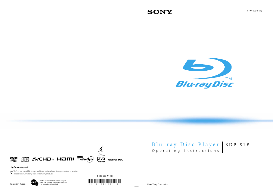 B d p - s 1 e | Sony BDP - S1E User Manual | Page 64 / 64