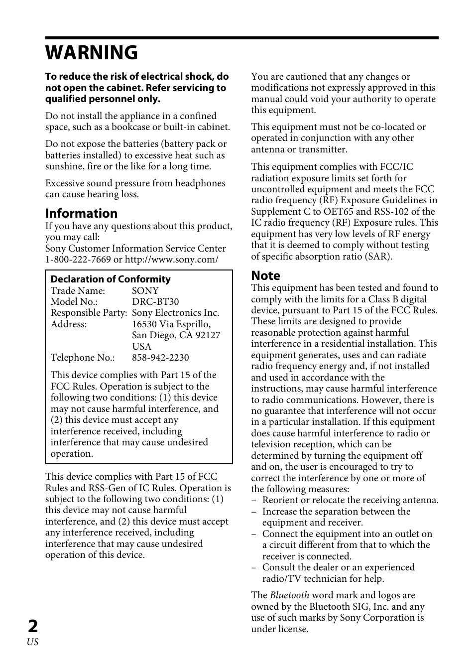 Warning, Information | Sony DRC-BT30 User Manual | Page 2 / 56