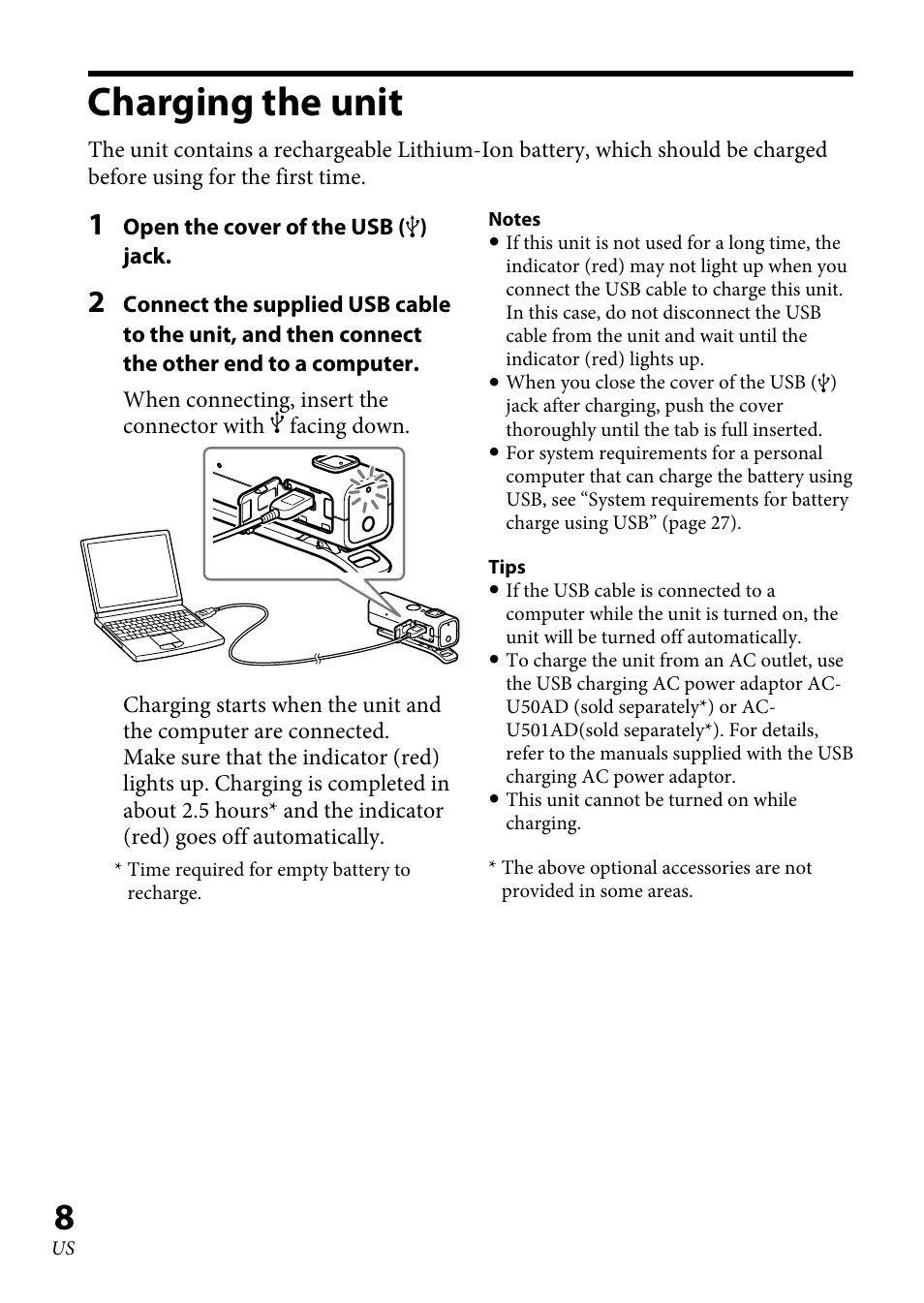 Charging the unit | Sony DRC-BT30 User Manual | Page 8 / 56