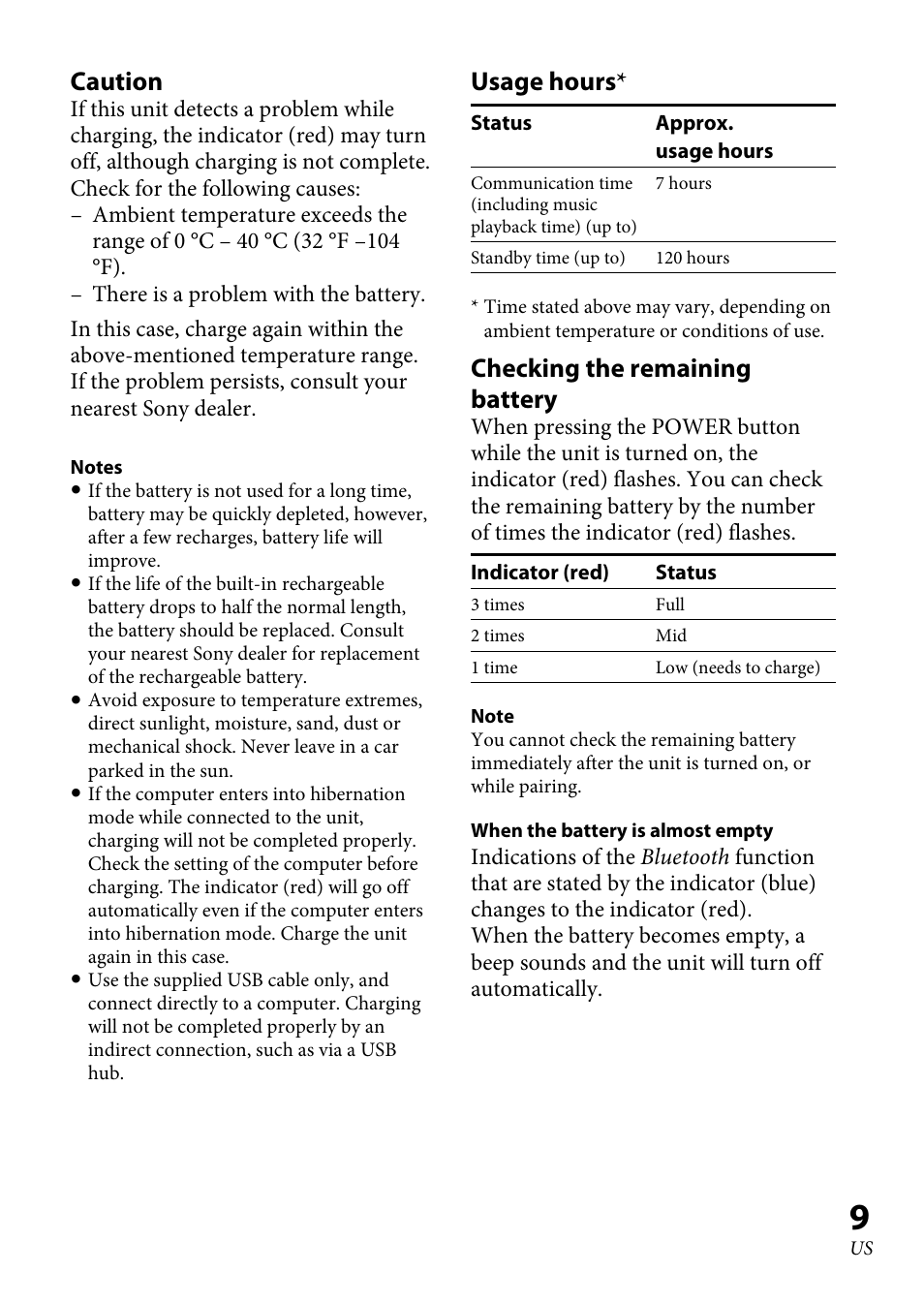 Caution, Usage hours, Checking the remaining battery | Sony DRC-BT30 User Manual | Page 9 / 56
