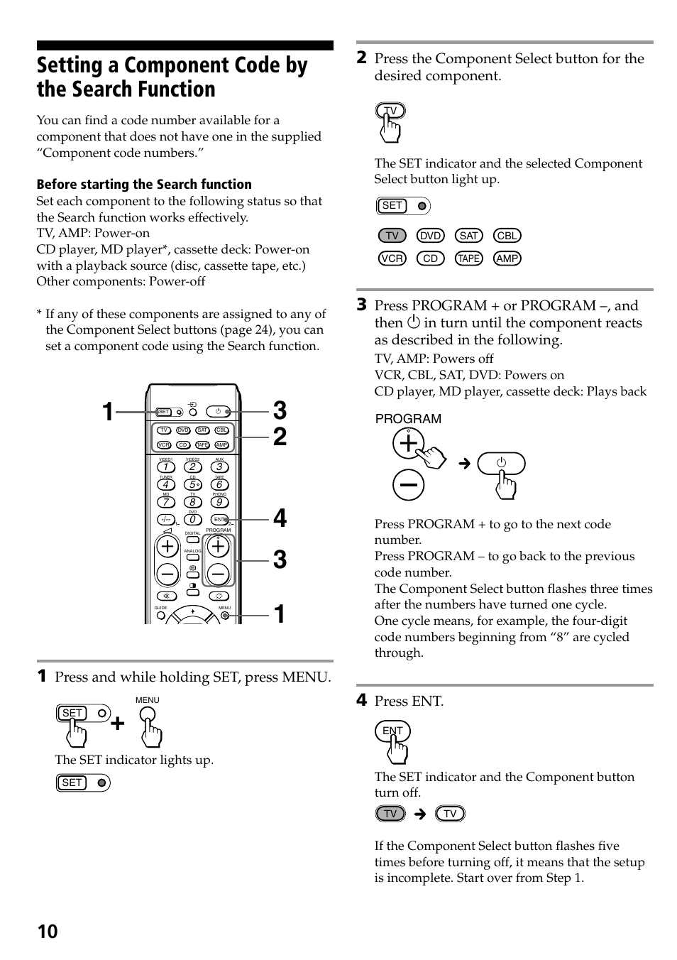 Setting a component code by the search function, Setting a component code by the, Search function | Press and while holding set, press menu, Press ent, Before starting the search function | Sony RM-VL600T User Manual | Page 10 / 36